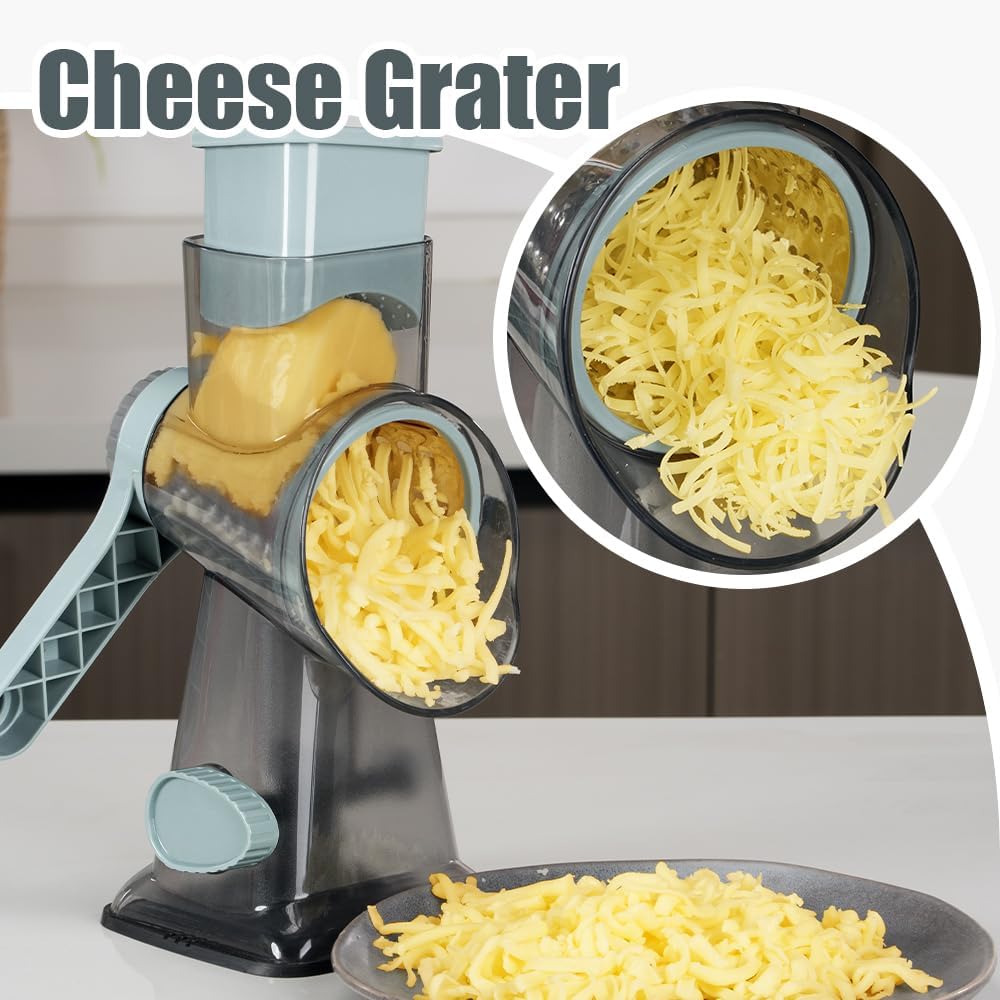 Rotary Cheese Grater Hand Crank Transparent - Shredder Slicer Grinder 3 Stainless Steel Blades, Stable Suction, Labor-Saving Handle, Safe Kitchen Tool for Cheese, Vegetable, Nuts, Chocolate