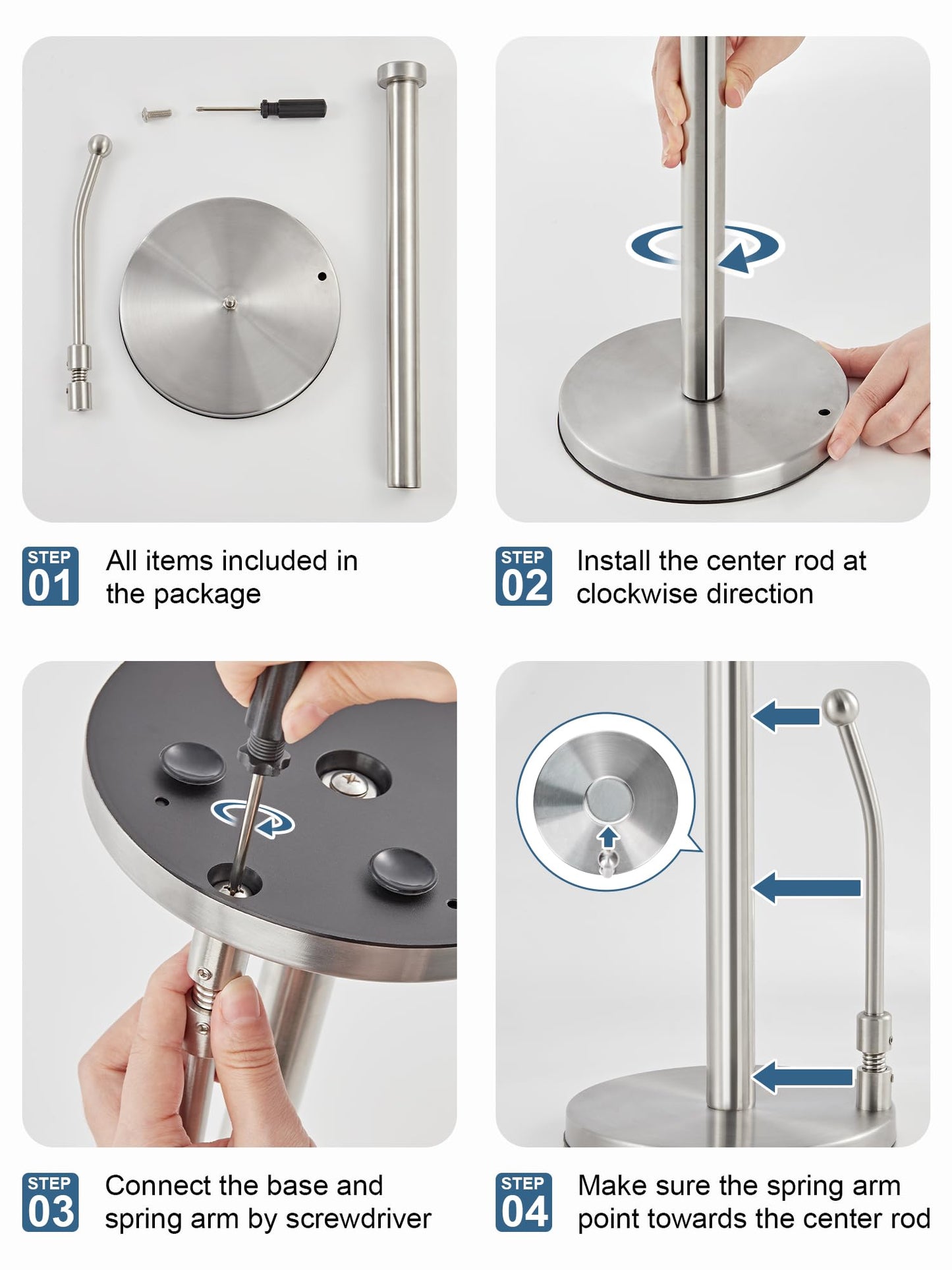 Paper Towel Holder, Paper Towel Dispenser Standing Weighted Base Non Slip, Spring Arm for Easy Tear, Stainless Steel Paper Towel Holder for Home Kitchen Countertop Tabletop, Silver