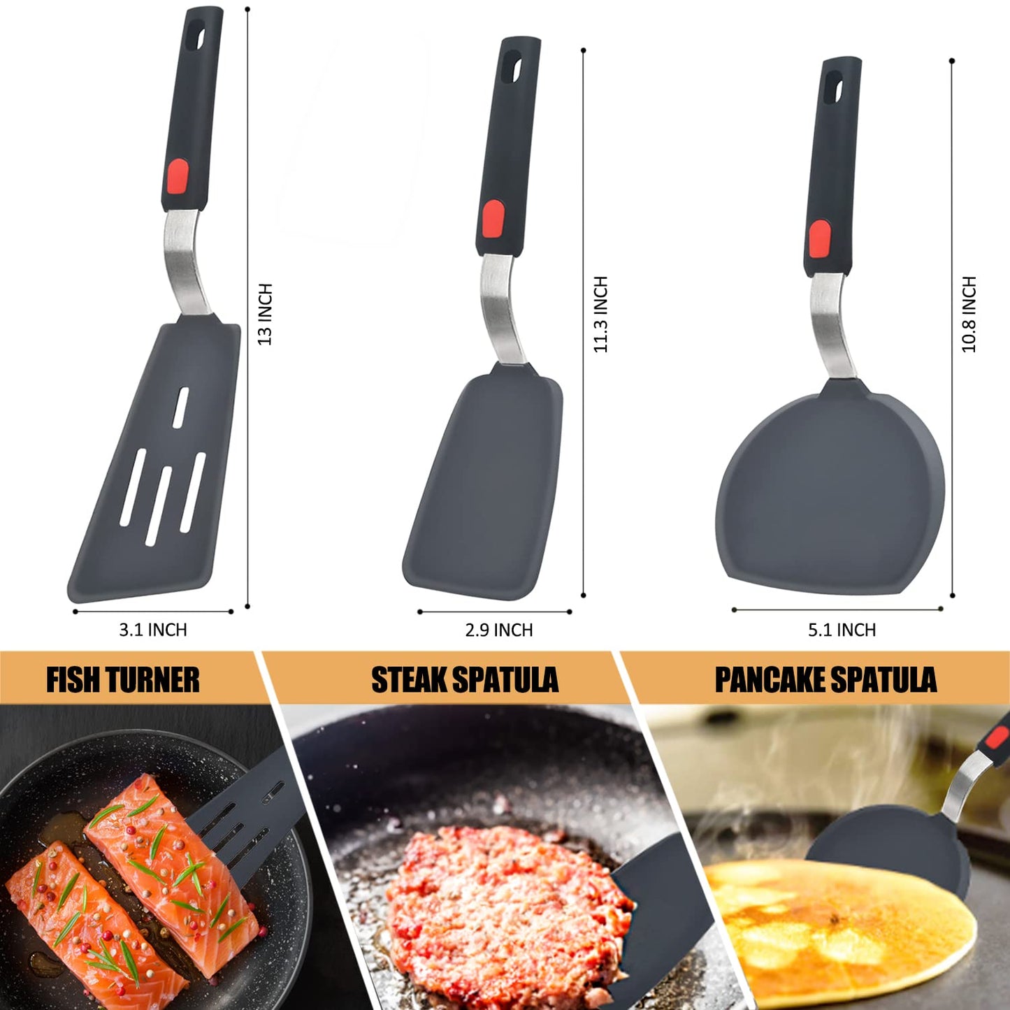 Silicone spatula three piece set, heat-resistant cooking spatula, suitable for non stick cookware, large flexible kitchen utensils, Bisphenol A-free rubber spatula, used for eggs, pancakes, fish, hamburgers