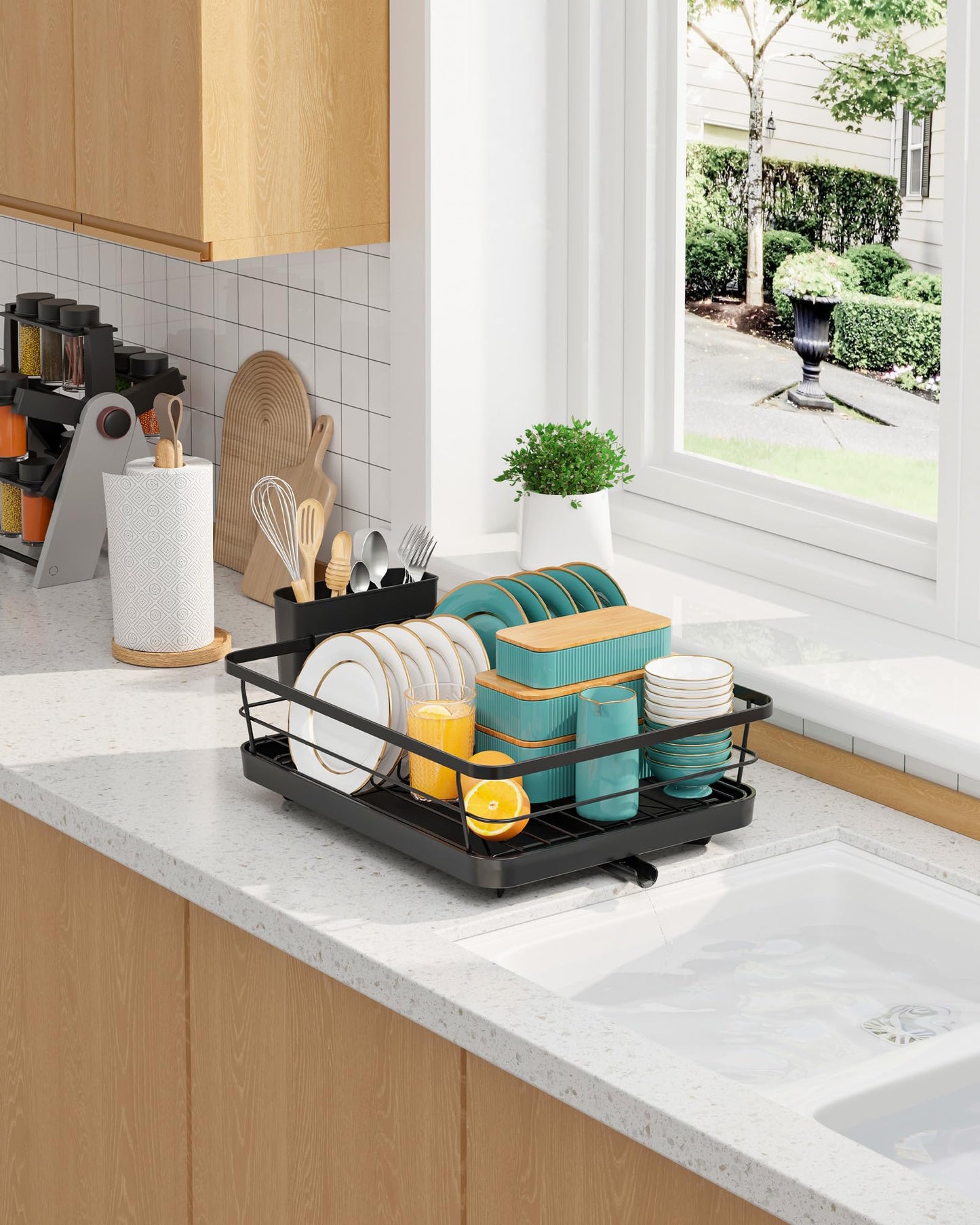 Stainless Steel Dish Drying Rack for Kitchen Counter, Sink Organization and Storage Essentials with Silverware & Utensil Holder, Home and Apartment Decor, 12''W x 15.6''L