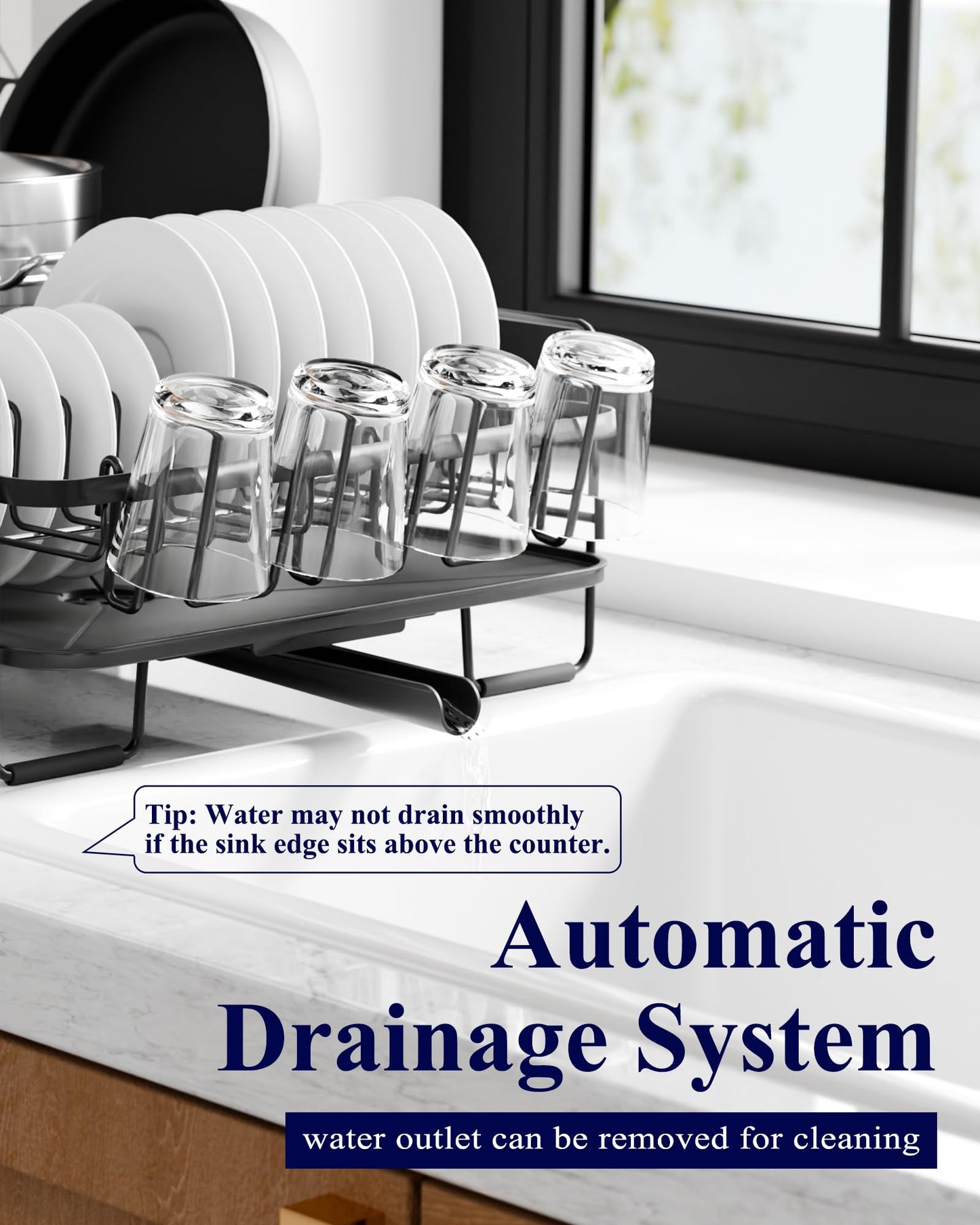 Large Dish Drying Rack - Extendable Dish Rack, Multifunctional Dish Rack for Kitchen Counter, Anti-Rust Dish Drainers with Cutlery & Cup Holders 19.2"-26.7" L x 12.9" W