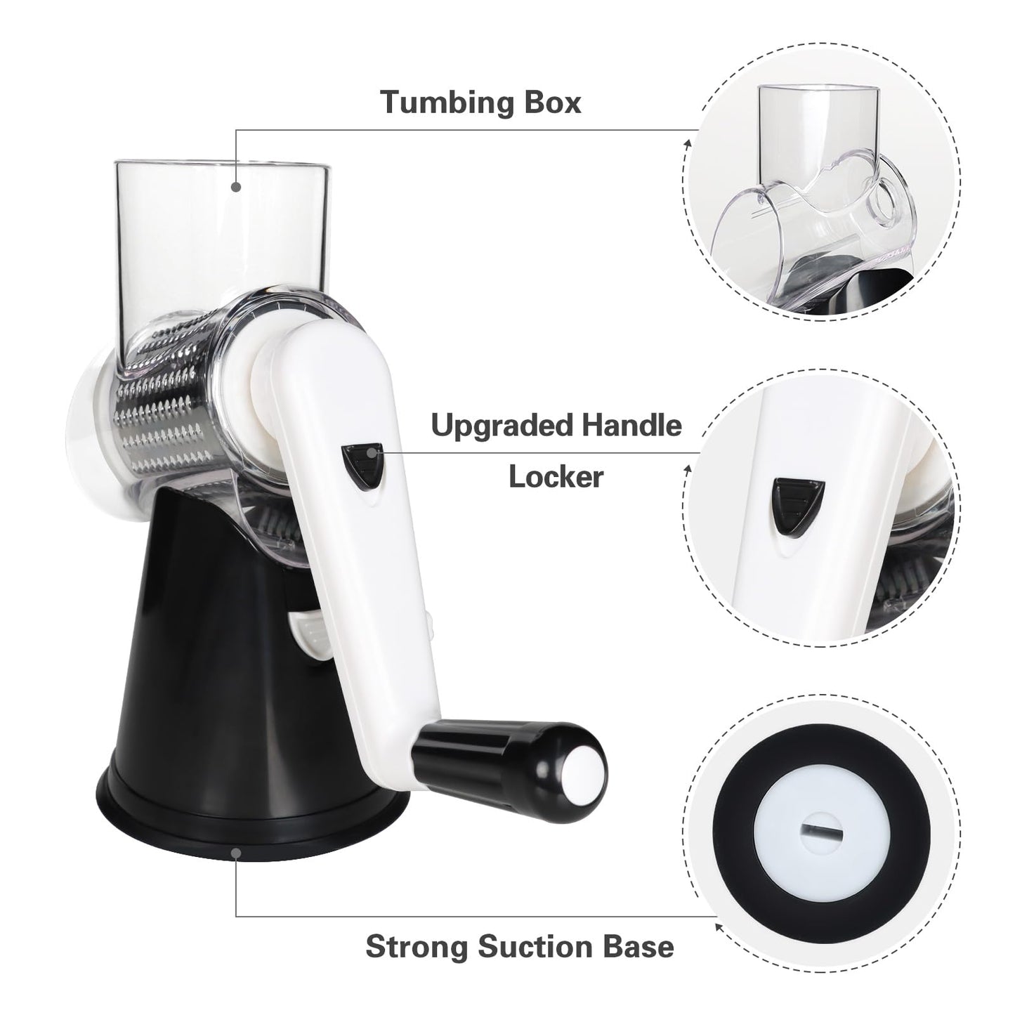 Rotary Cheese Grater Hand Crank Cheese Shredder for Fresh Cheese, Vegetable, Nuts,Non-slip Suction Base, Free Cleaning Brush Three Blades