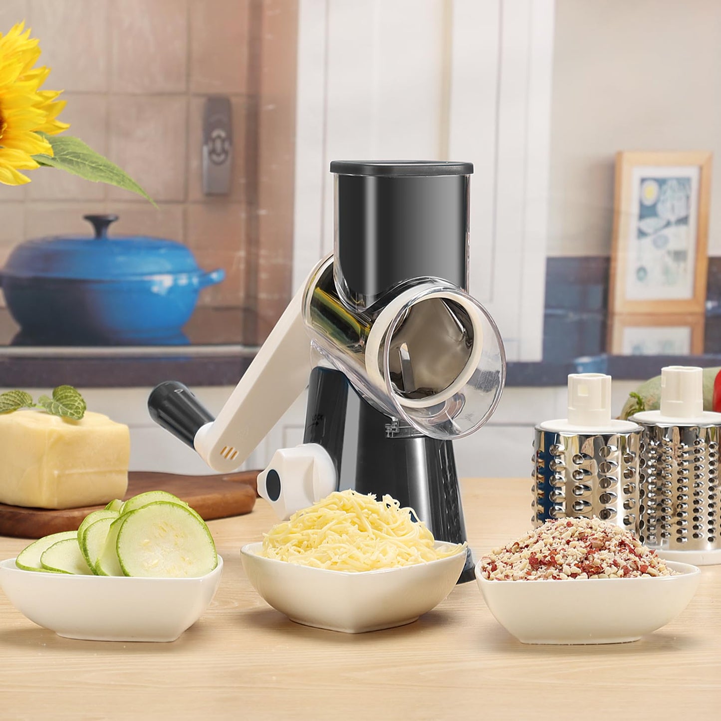 Rotary Cheese Grater Hand Crank Cheese Shredder for Fresh Cheese, Vegetable, Nuts,Non-slip Suction Base, Free Cleaning Brush Three Blades