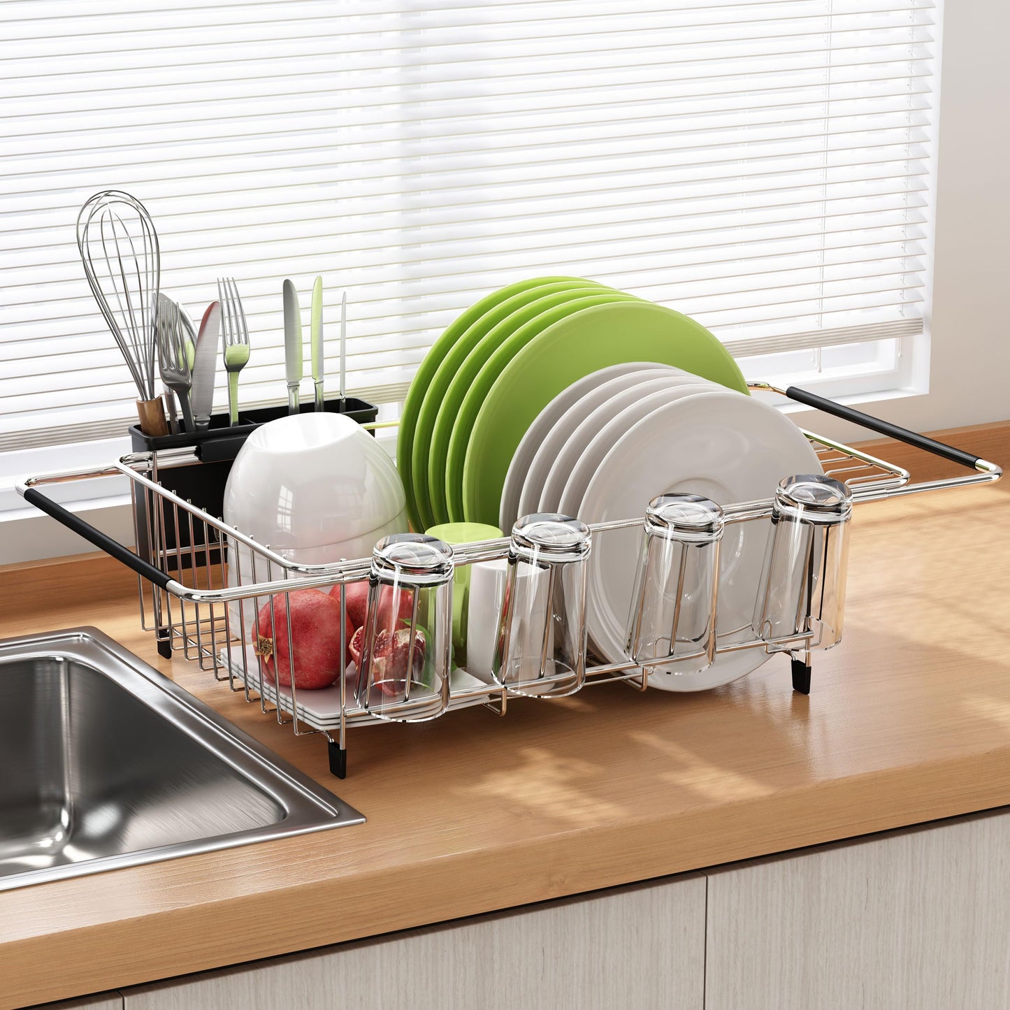 Dish Drying Rack in Sink, Expandable Stainless Steel Dish Drainers for Kitchen Counter, Dish Dryer Rack for Inside Sink, Over The Sink Dish Racks with Utensil Holder