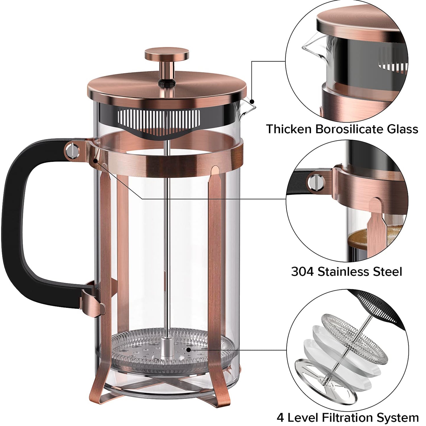 Coffee Maker 304 Stainless Steel French Press with 4 Filter, Heat Resistant Durable, Easy to Clean, Borosilicate Glass Coffee Press, 100% BPA Free Teapot, 21 ounce, copper