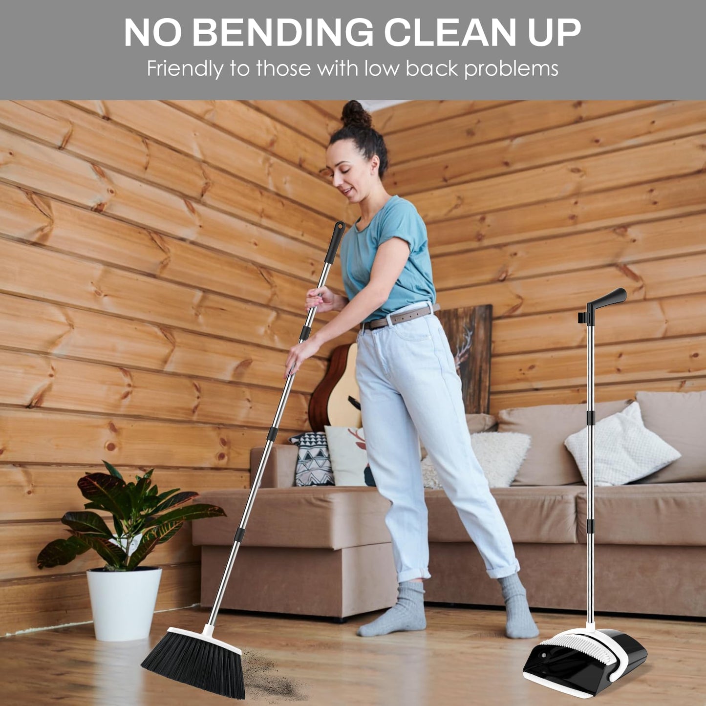 Broom and Dustpan Set for Home, 51-in Long Adjustable Handle Angle Broom and Dustpan Combo Set with Dust Pan Teeth to Clean Hair for Home Kitchen Office Lobby Floor Garden