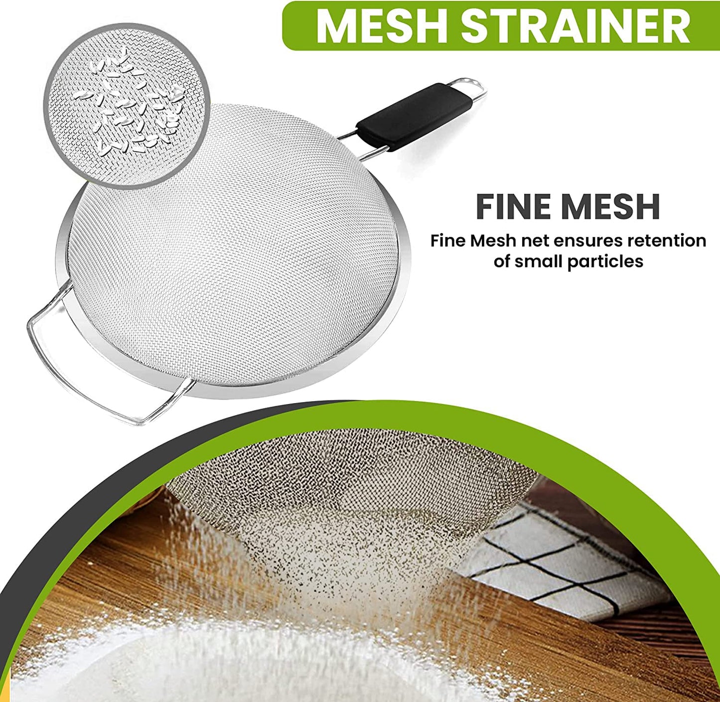 9" Large Fine Mesh Strainer with Thermo Plastic Rubber Handle - Sieve Fine Mesh Stainless Steel - Ideal Kitchen Essential to Strain Pasta, Quinoa and Rice