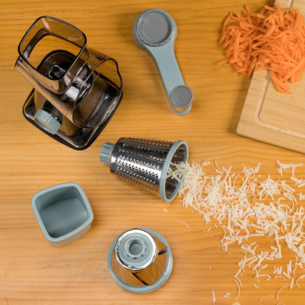 Rotary Cheese Grater Hand Crank Transparent - Shredder Slicer Grinder 3 Stainless Steel Blades, Stable Suction, Labor-Saving Handle, Safe Kitchen Tool for Cheese, Vegetable, Nuts, Chocolate