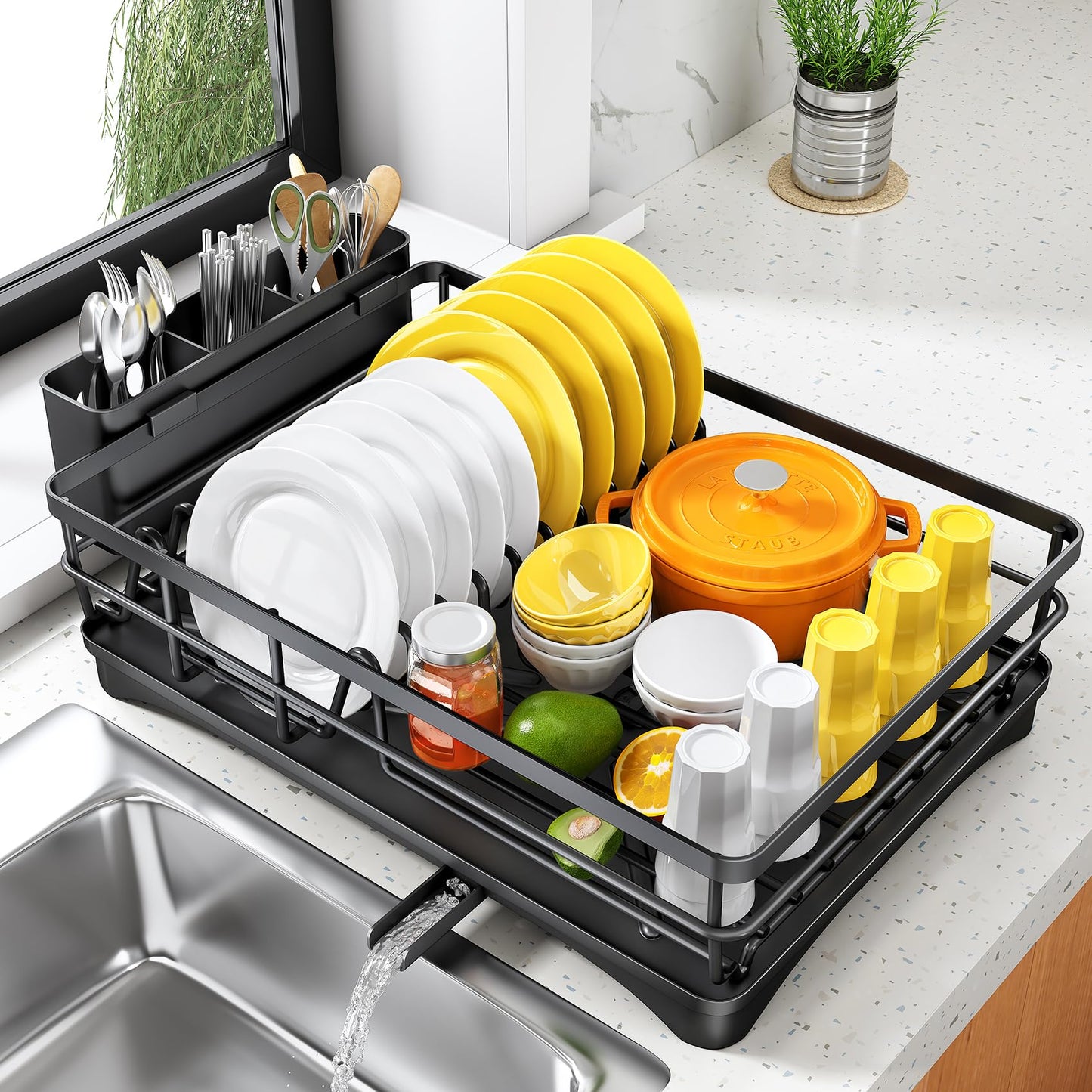 Dish Drying Rack for Kitchen Counter - Large Dish Rack with Drainboard, Rustproof Dish Drainer with Utensil Holder for Sink