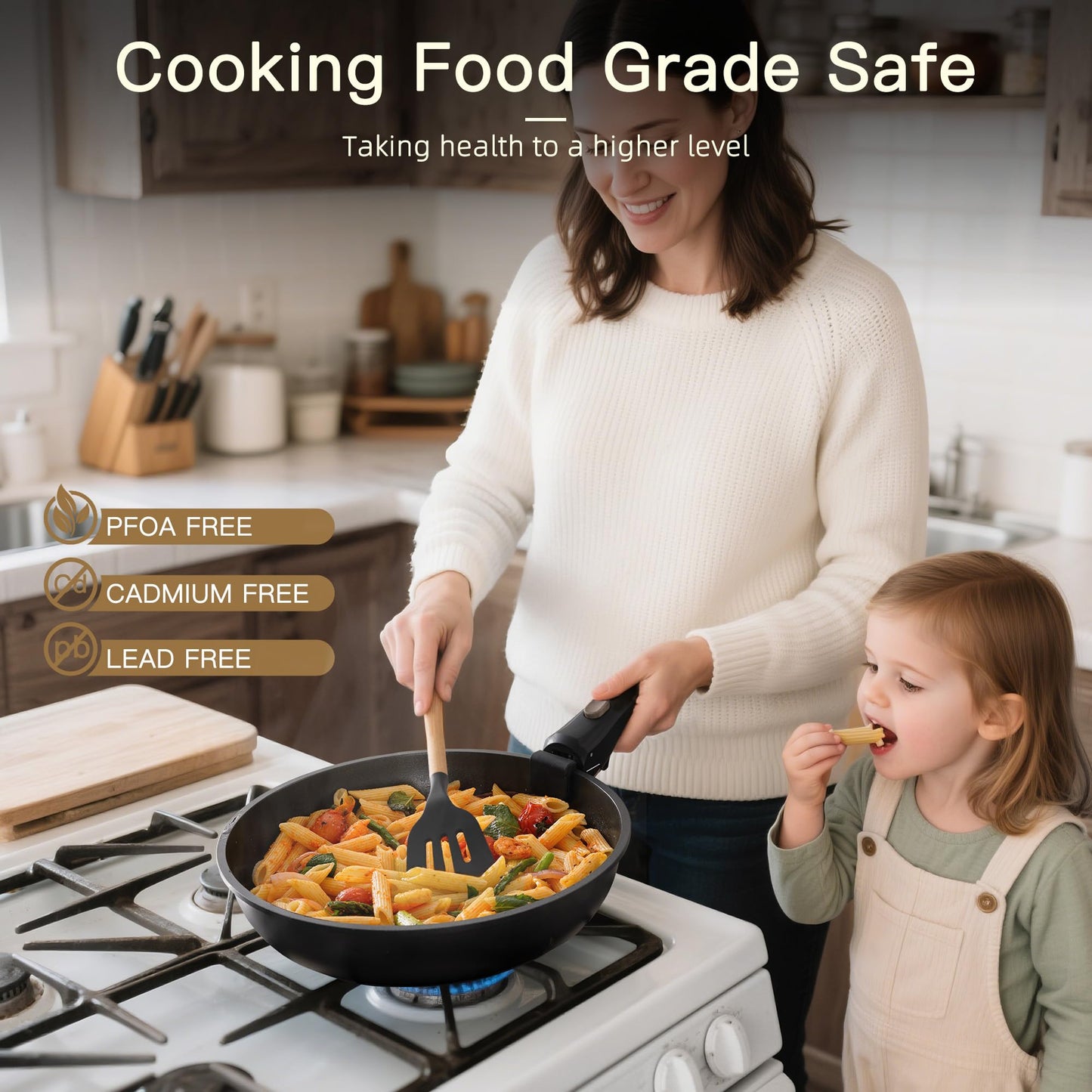 Non Stick RV Pots and Pans Ceramic Kitchen Cookware Set with Detachable/Removable Handle, Oven Safe, Induction Ready, Stackable, Black