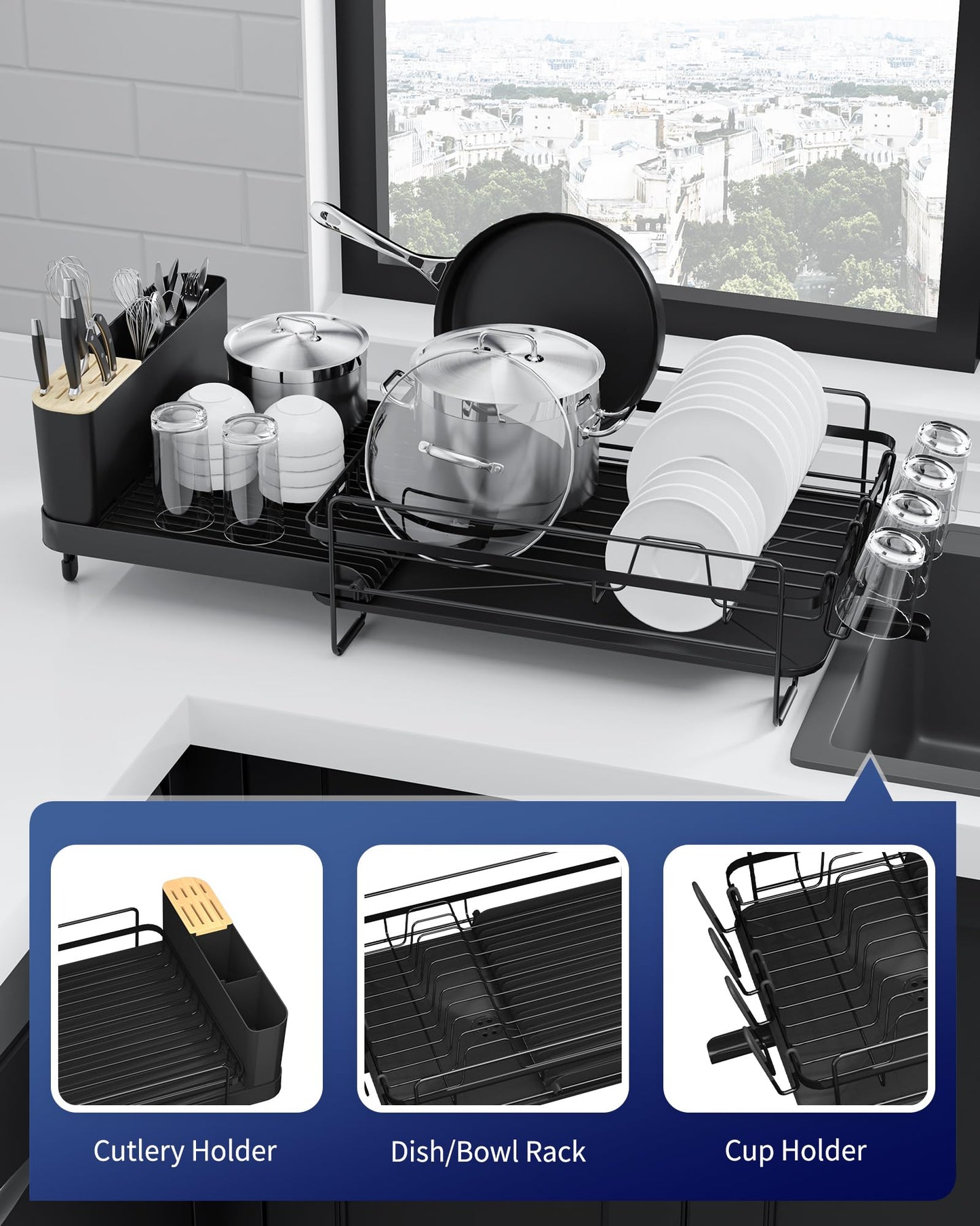 Large Dish Drying Rack - Extendable Dish Rack, Multifunctional Dish Rack for Kitchen Counter, Anti-Rust Dish Drainers with Cutlery & Cup Holders 19.2"-26.7" L x 12.9" W