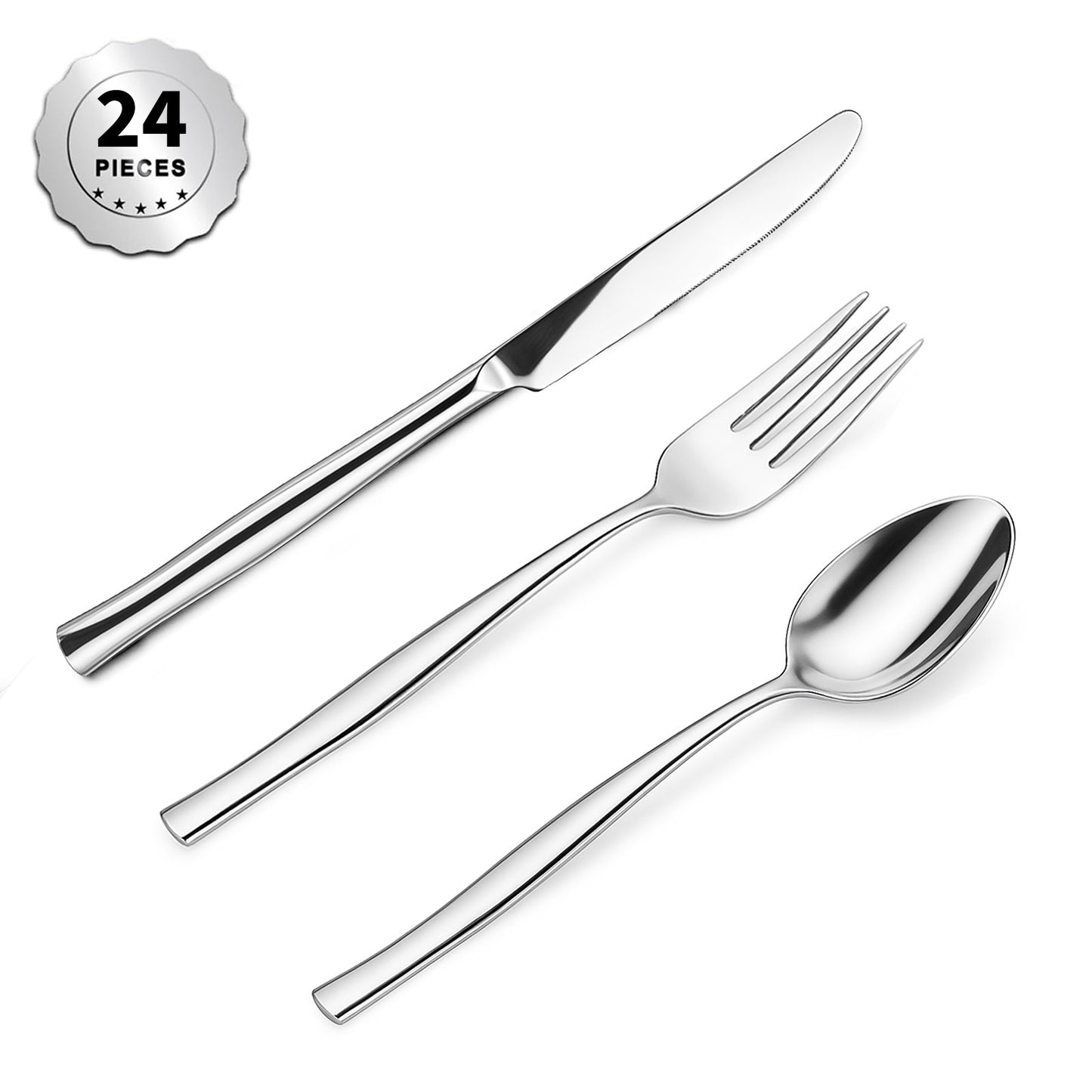 Are l 24-Piece Silverware - Stainless Steel Flatware Cutlery Set, Mirror Polished Flatware Set Include Forks Spoons Knives for Home Wedding Restaurant, Dishwasher Safe, Silver, 24 PCS