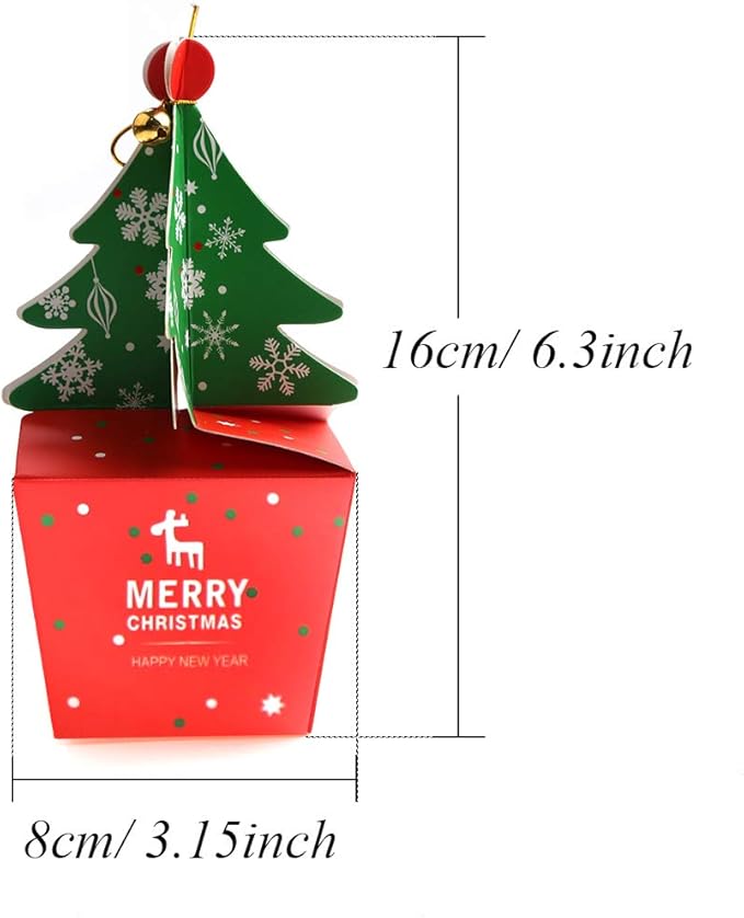 3D Mini Christmas Treat Gift Boxes, 10 Pcs Party Favors Candy Goody Boxes, Christmas Tree Shape with Bells