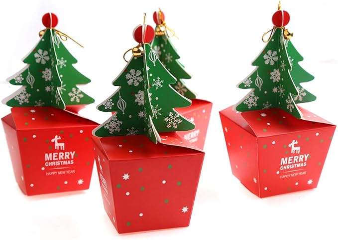 3D Mini Christmas Treat Gift Boxes, 10 Pcs Party Favors Candy Goody Boxes, Christmas Tree Shape with Bells