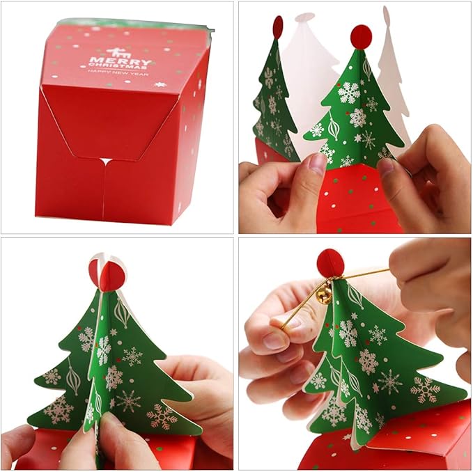 3D Mini Christmas Treat Gift Boxes, 10 Pcs Party Favors Candy Goody Boxes, Christmas Tree Shape with Bells