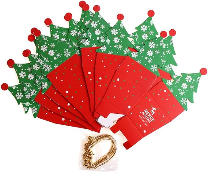 3D Mini Christmas Treat Gift Boxes, 10 Pcs Party Favors Candy Goody Boxes, Christmas Tree Shape with Bells