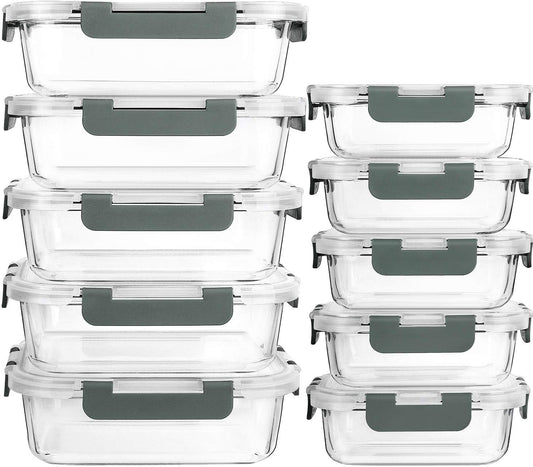 [10-Pack] Glass Meal Prep Containers with Lids, Food Storage Containers with Snap Locking Lids, Airtight Lunch Containers, Microwave, Oven, Freezer and