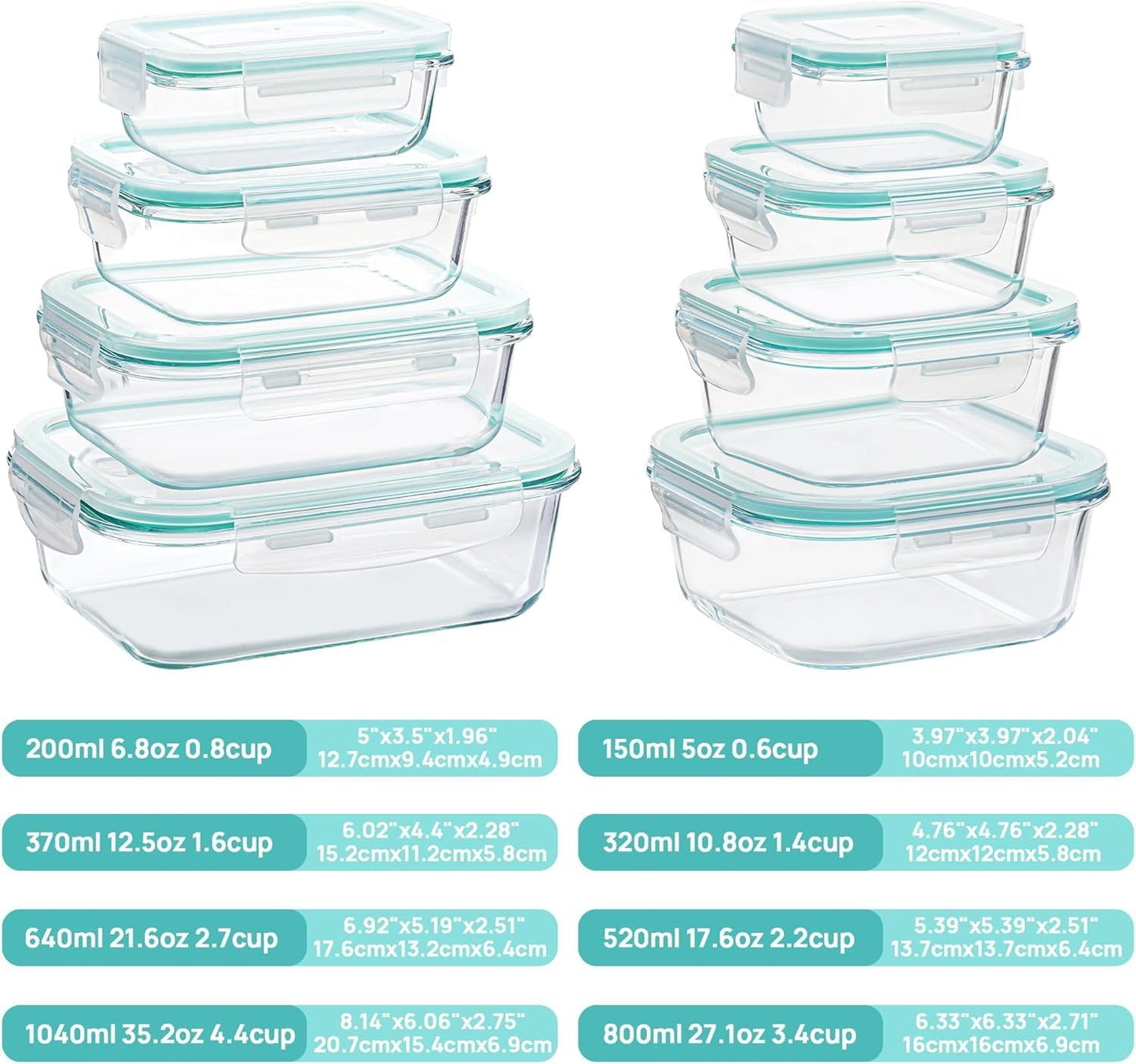 8 Pack Glass Food Storage Containers with Airtight Lids, Glass Meal Prep Containers, Lunch Office Meal for Microwave, Oven, Freezer and Dishwasher, BPA Free