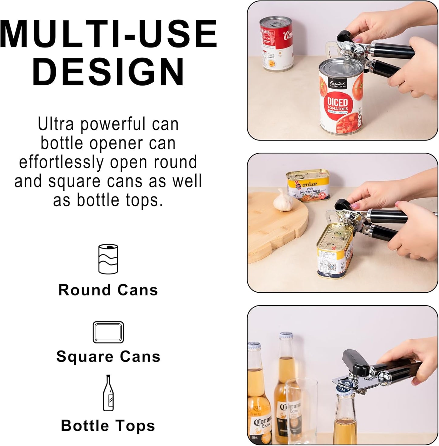 Classic Multifunction Can Opener and Bottle Opener Easy to Use, Razor Sharp Stainless Steel Cutting Wheel, Soft Ergonomic Handles