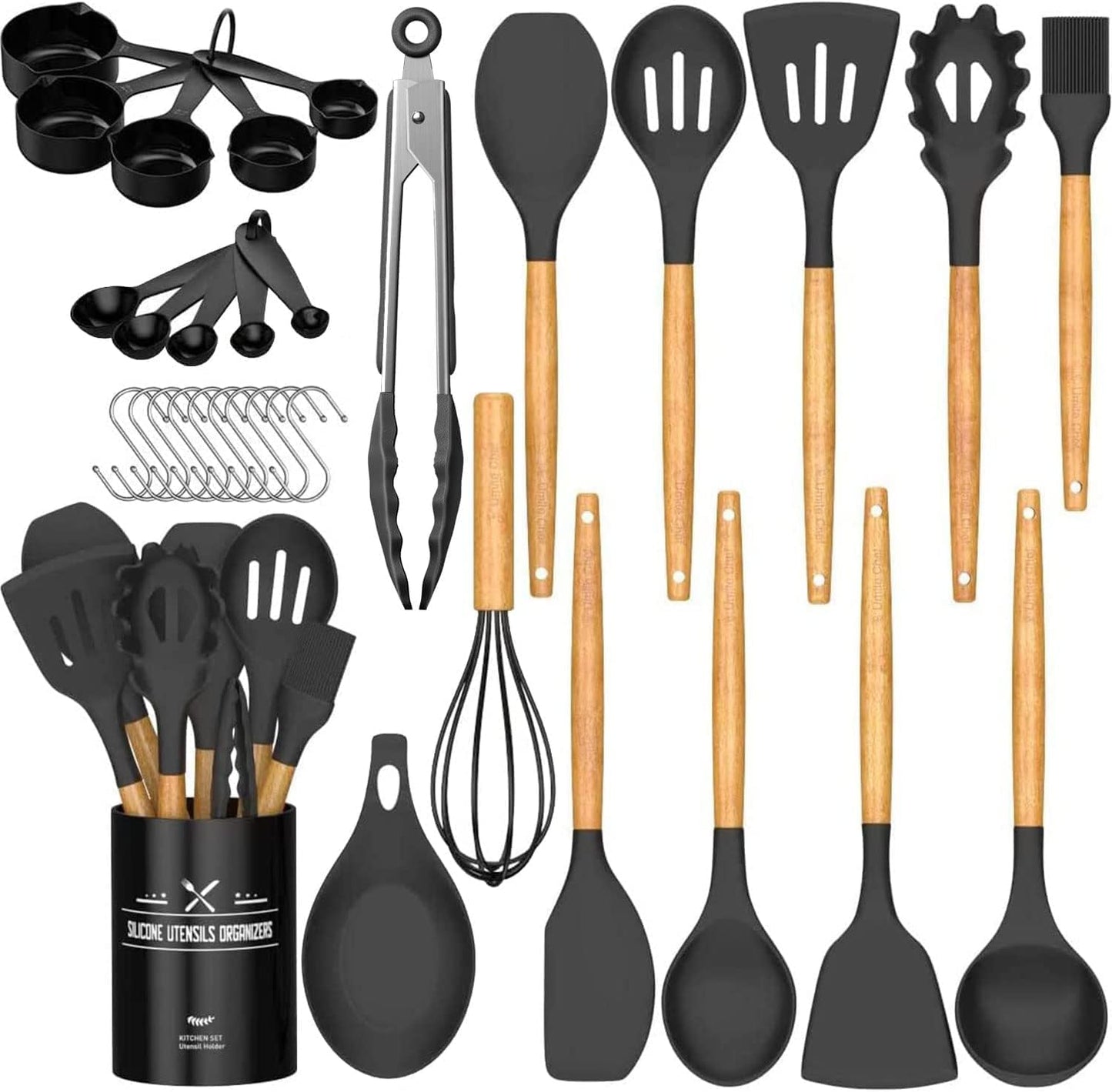 Kitchen Cooking Utensils Set, 33 pcs Non-Stick Silicone Cooking Kitchen Utensils Spatula Set with Holder, Wooden Handle Silicone Kitchen Gadgets Utensil Set