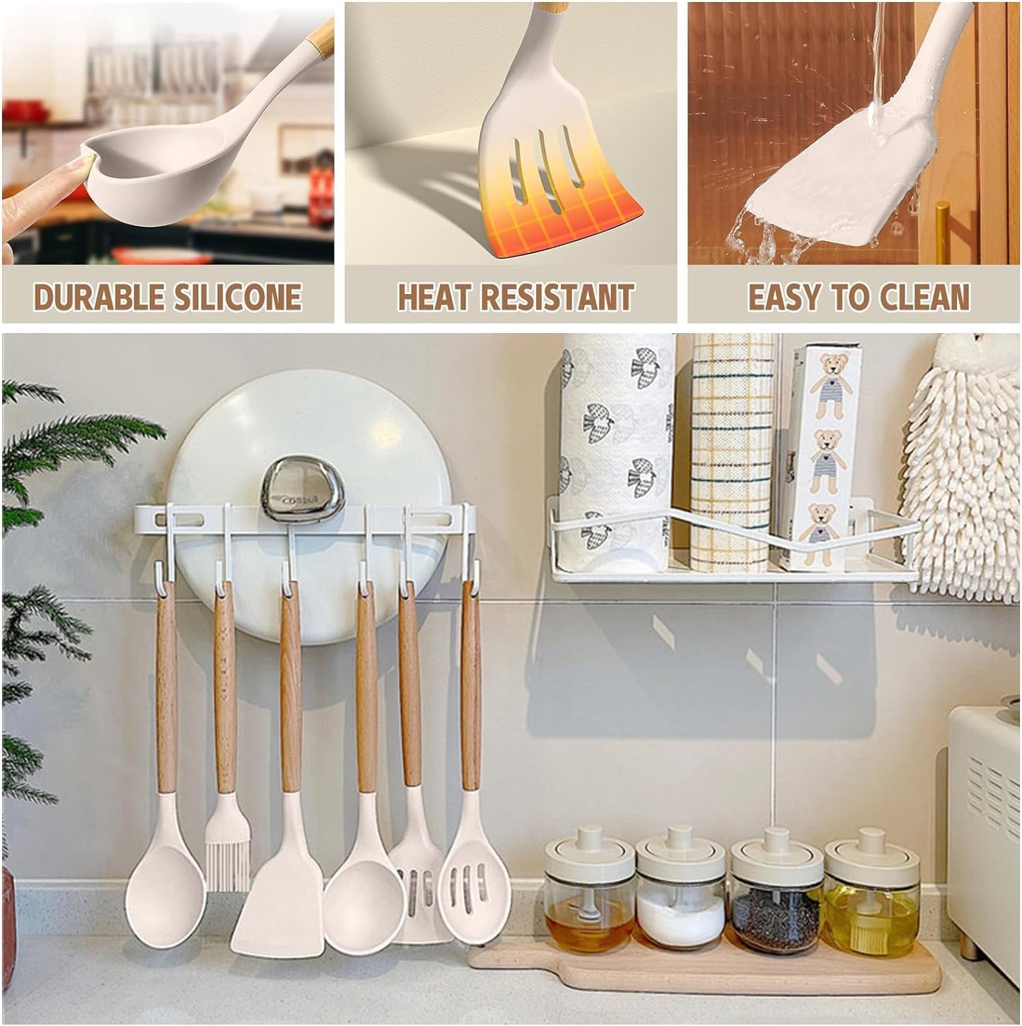 Kitchen Cooking Utensils Set, 33 pcs Non-Stick Silicone Cooking Kitchen Utensils Spatula Set with Holder, Wooden Handle Silicone Kitchen Gadgets Utensil Set