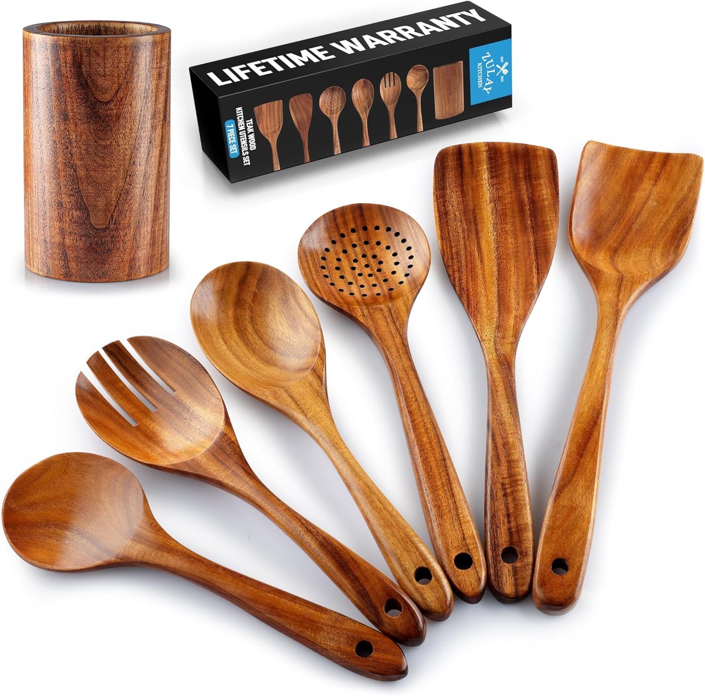6-Piece Wooden Cooking Spoons Set – Heat-Resistant, Smooth Teak Utensils with Comfort Grip – Lightweight & Durable – Easy to Clean, Perfect for Non-Stick Cookware