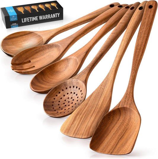 6-Piece Wooden Cooking Spoons Set – Heat-Resistant, Smooth Teak Utensils with Comfort Grip – Lightweight & Durable – Easy to Clean, Perfect for Non-Stick Cookware