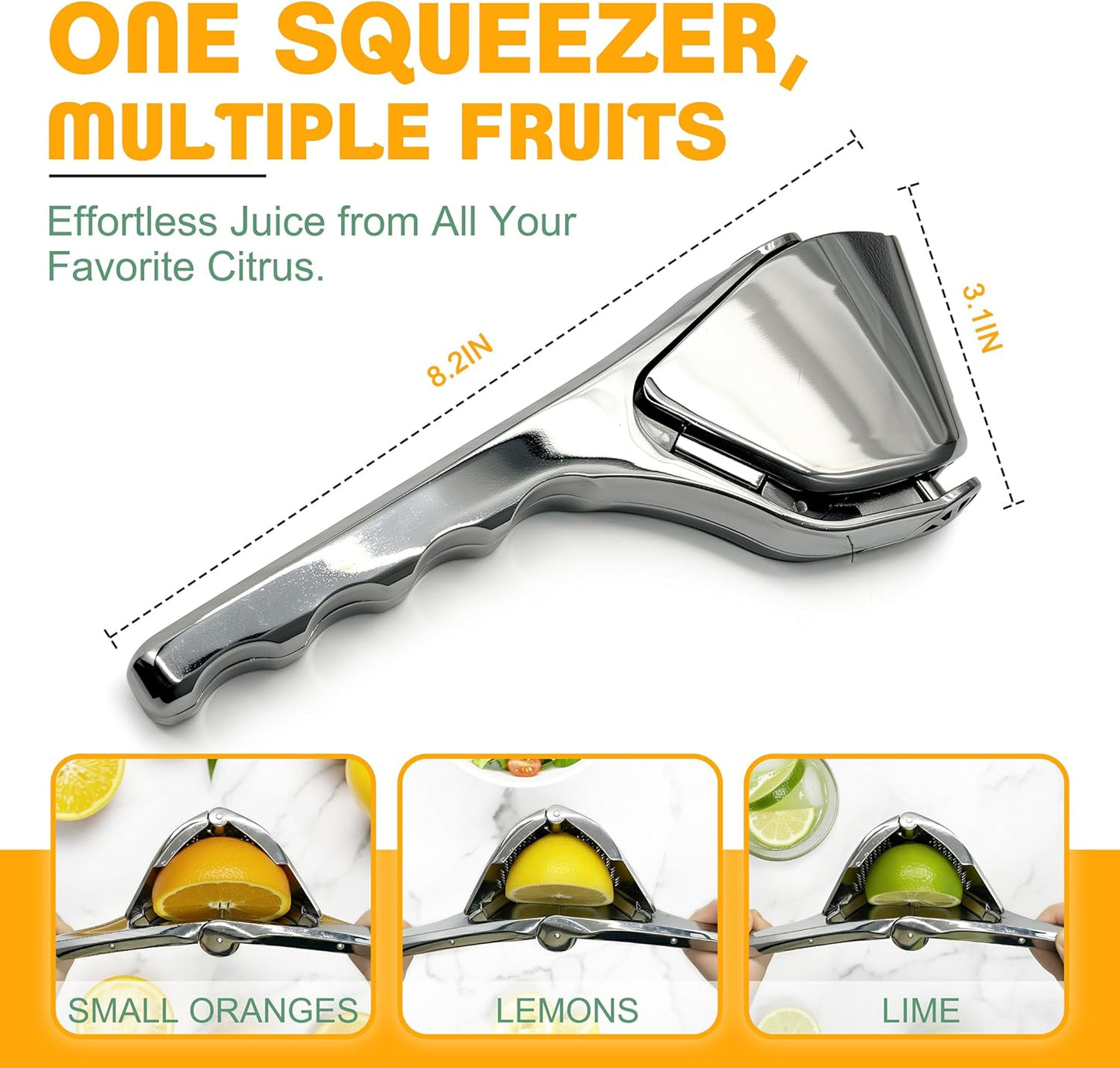 Stainless Steel Lemon Squeezer - Are l Foldable Handheld Citrus Squeeze Manual Juicer with Space-Saving Ergonomic Design & Sideways Pivot for Maximum Juice Yield - (Silver).
