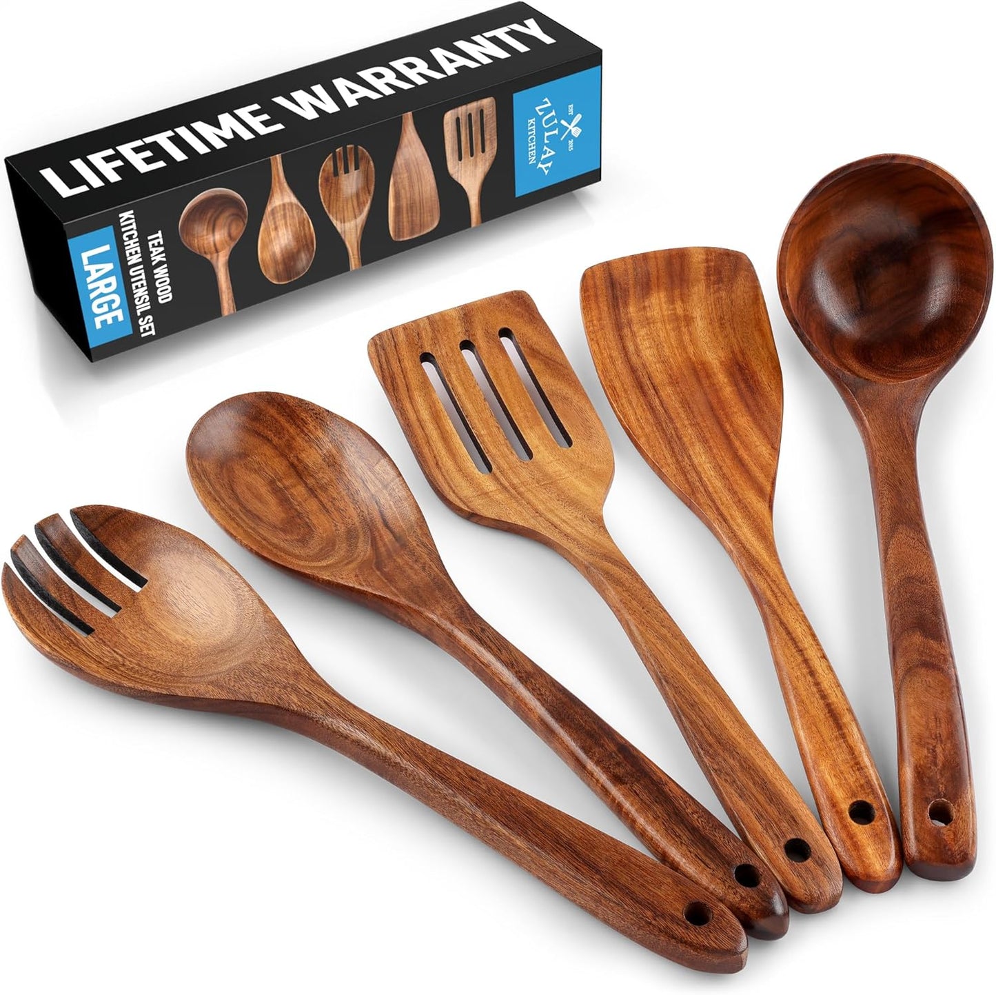 6-Piece Wooden Cooking Spoons Set – Heat-Resistant, Smooth Teak Utensils with Comfort Grip – Lightweight & Durable – Easy to Clean, Perfect for Non-Stick Cookware