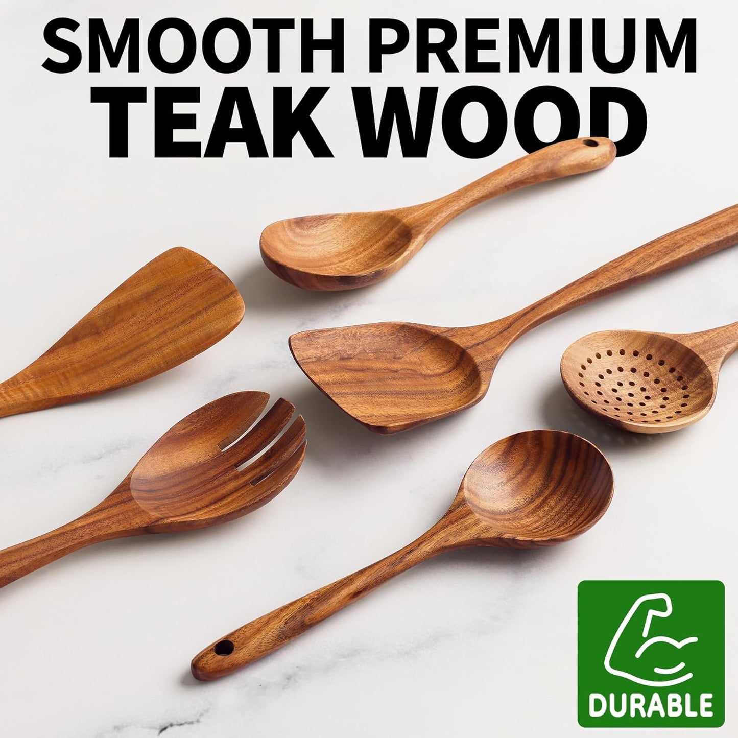6-Piece Wooden Cooking Spoons Set – Heat-Resistant, Smooth Teak Utensils with Comfort Grip – Lightweight & Durable – Easy to Clean, Perfect for Non-Stick Cookware