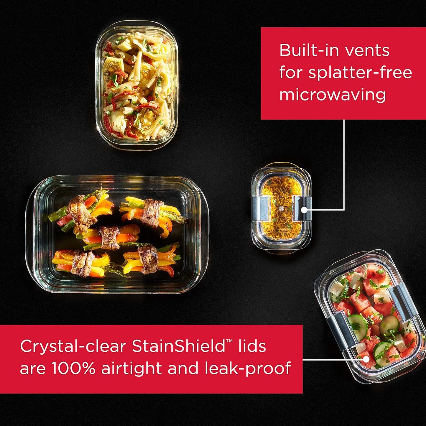 Brilliance Glass Food Storage Containers, Assorted Sizes, Set of 9, BPA-Free, Leak-Proof, Clear