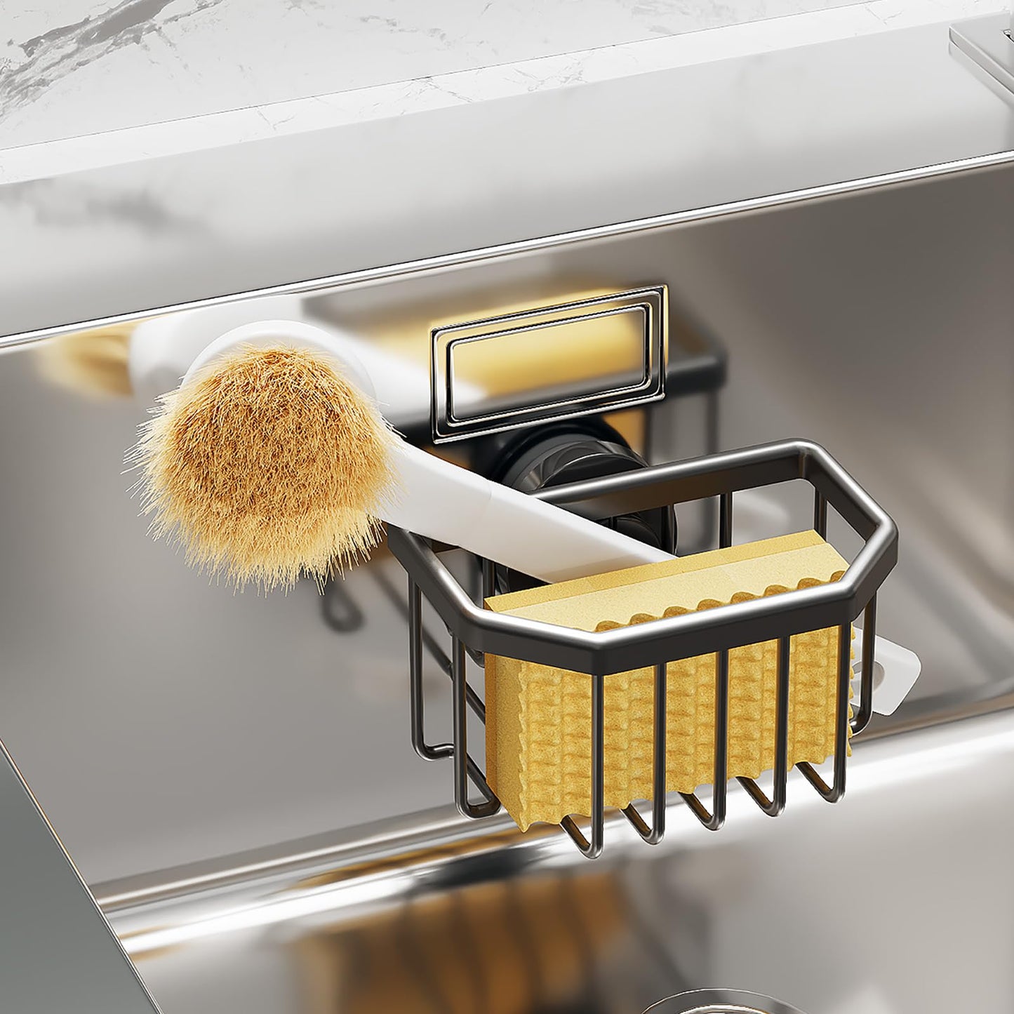 Sponge Holder with Strong Suction Cup, Dish Sponge Caddy Inside Sink Removable, Rustproof Aluminum for Sponges, Brushes, Stoppers and Scrapers