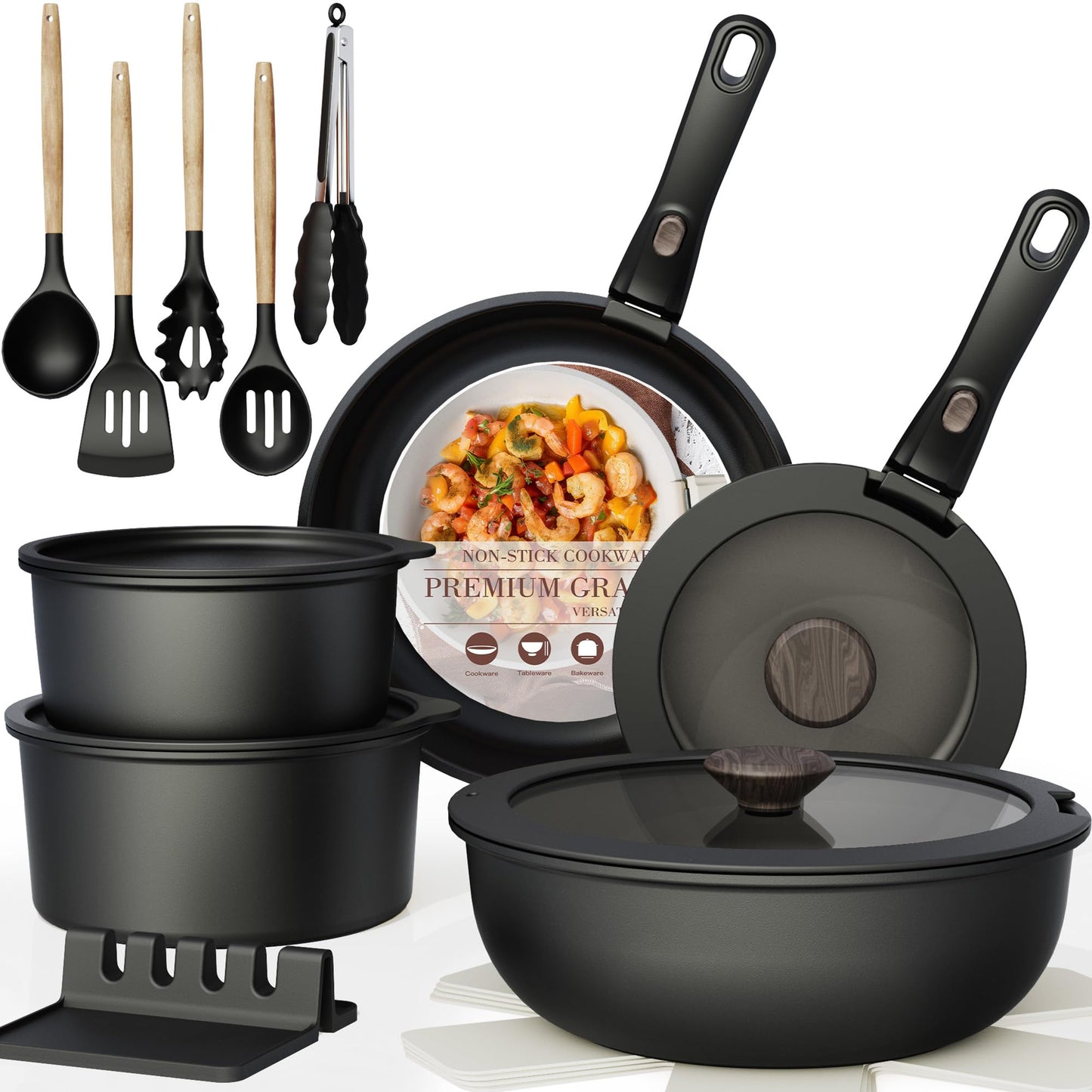 Non Stick RV Pots and Pans Ceramic Kitchen Cookware Set with Detachable/Removable Handle, Oven Safe, Induction Ready, Stackable, Black