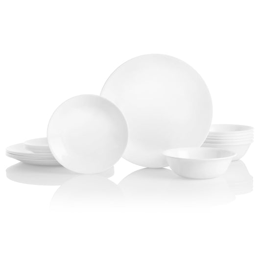 Vitrelle 18-Piece Service for 6 Dinnerware Set Triple Layer Glass and Chip Resistant, Lightweight Round Plates and Bowls Set, Winter Frost White