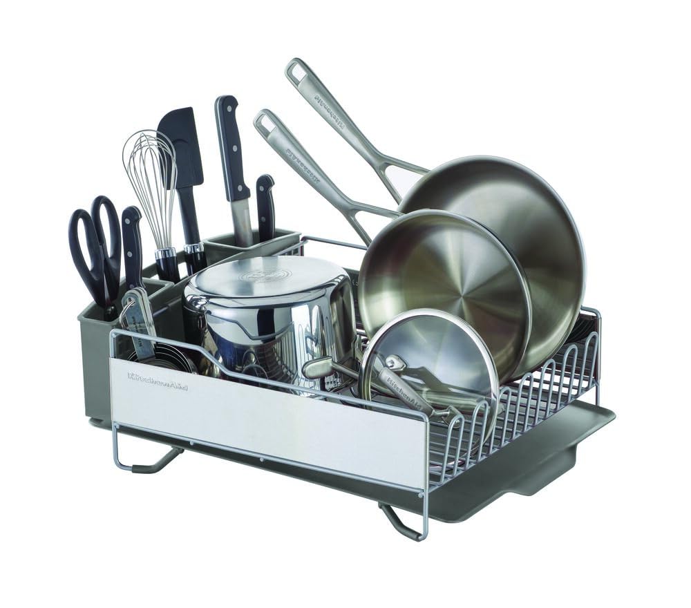 Large Capacity Full Size Rust Resistant Dish Rack with Angled Drain Board and Removable Flatware Caddy