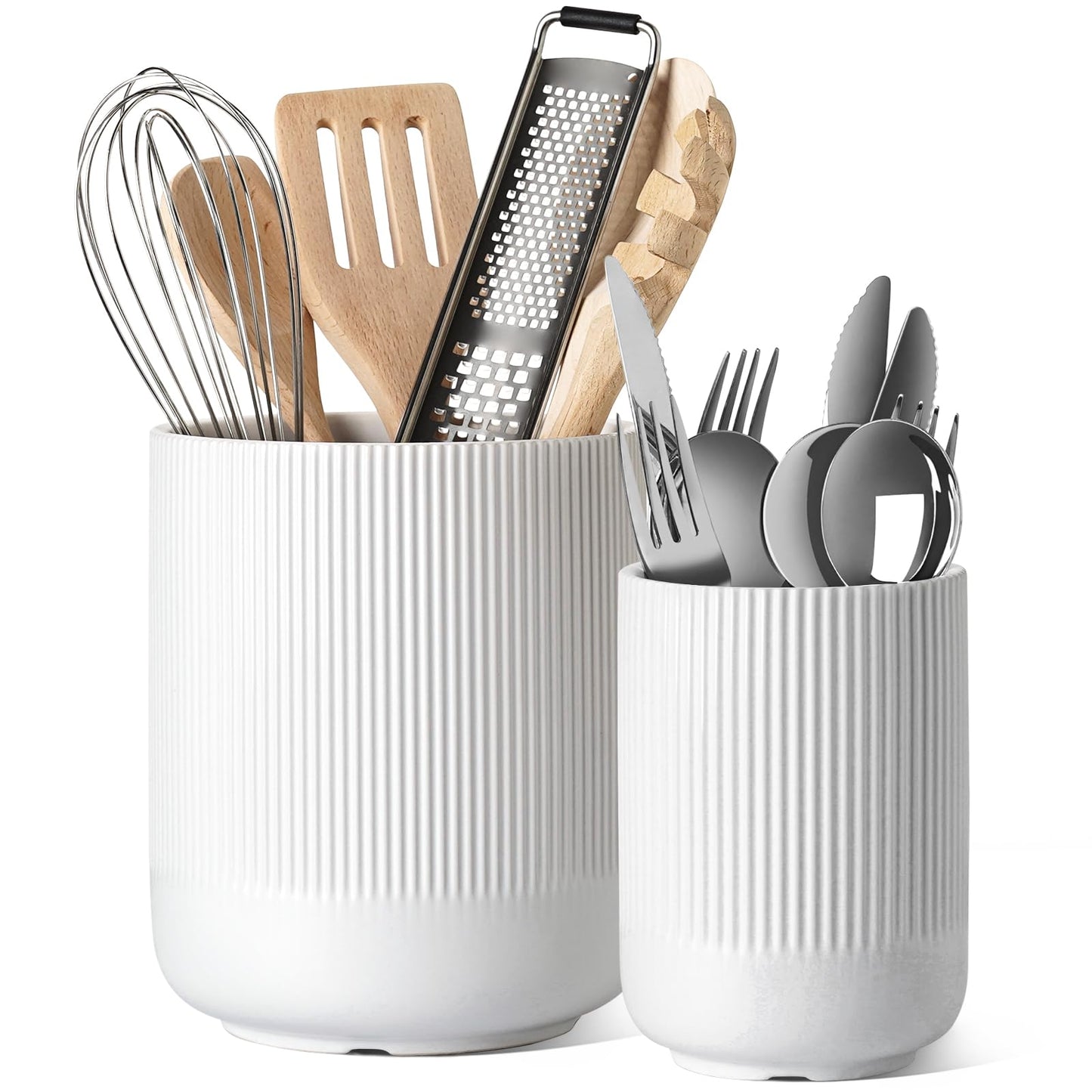Utensil Holder, 7.3"+5.4" Ceramic Kitchen Utensil Holder for Countertop, Large Cooking Utensil Crocks for Kitchen Counter Decor, Morden Utensil Organizer for Spatula, Set of 2, White