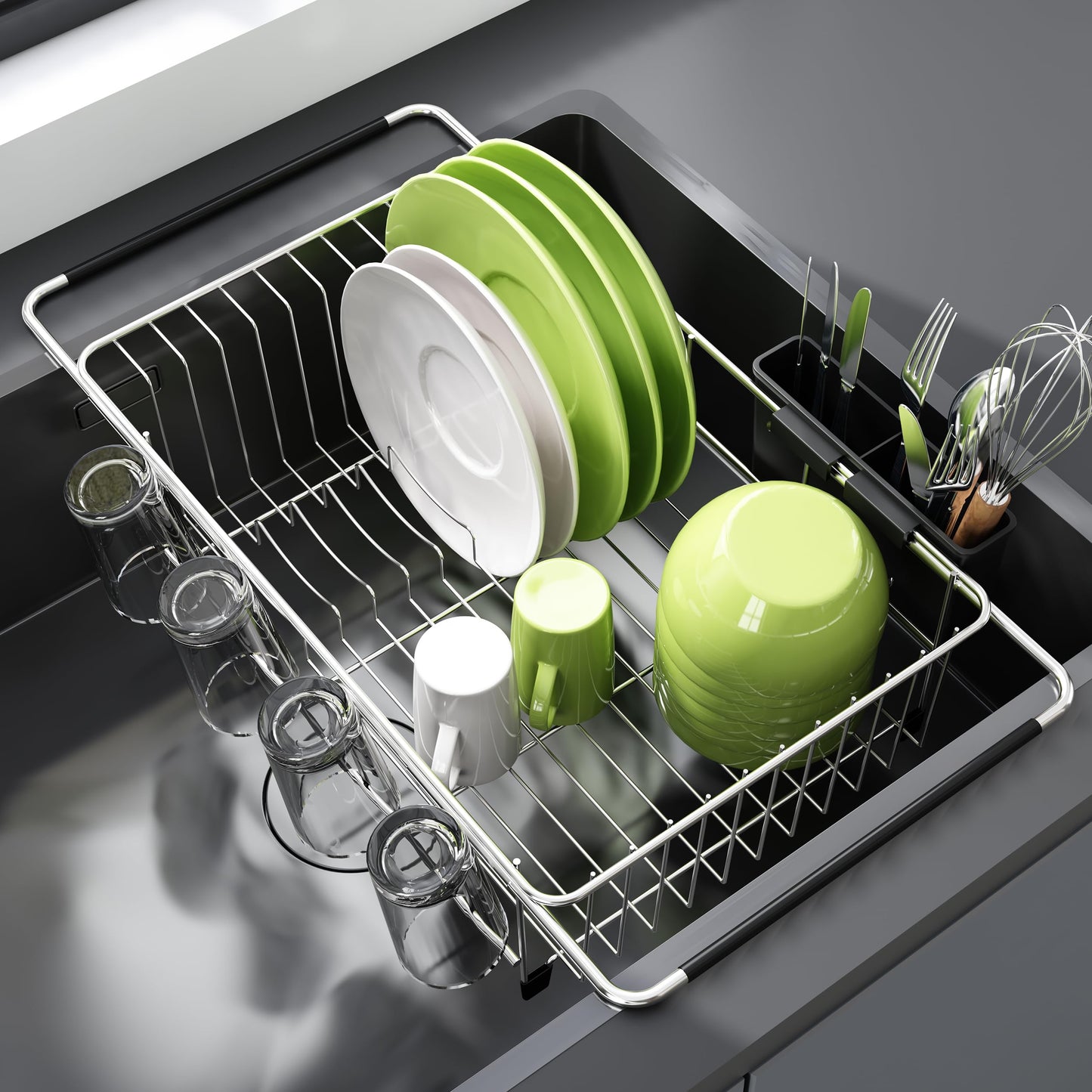 Dish Drying Rack in Sink, Expandable Stainless Steel Dish Drainers for Kitchen Counter, Dish Dryer Rack for Inside Sink, Over The Sink Dish Racks with Utensil Holder