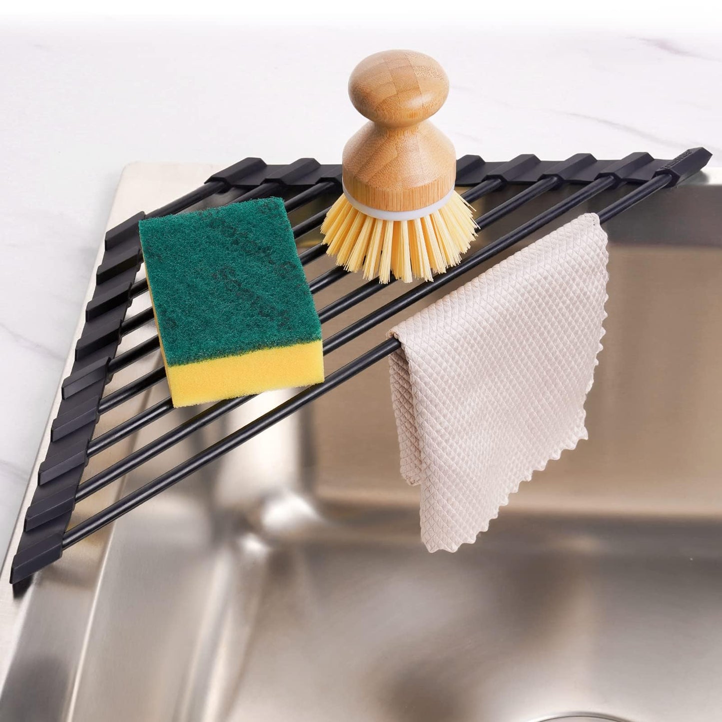 Small Triangle Roll-Up Dish Drying Rack with Silicone Coating Stainless Steel Frame for Sink Corners, Multipurpose Over-The-Sink Kitchen Drainer & Organizer for Space-Saving Storage
