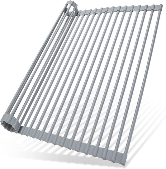 Over Sink Dish Drying Rack, Silicone Wrapped 17.6" W x 15.4" L Large Over The Sink Roll Up Dish Drainer - Foldable Sink Drying Rack Rolling Drain Mats Anti-Slip Multipurpose for Kitchen Counter