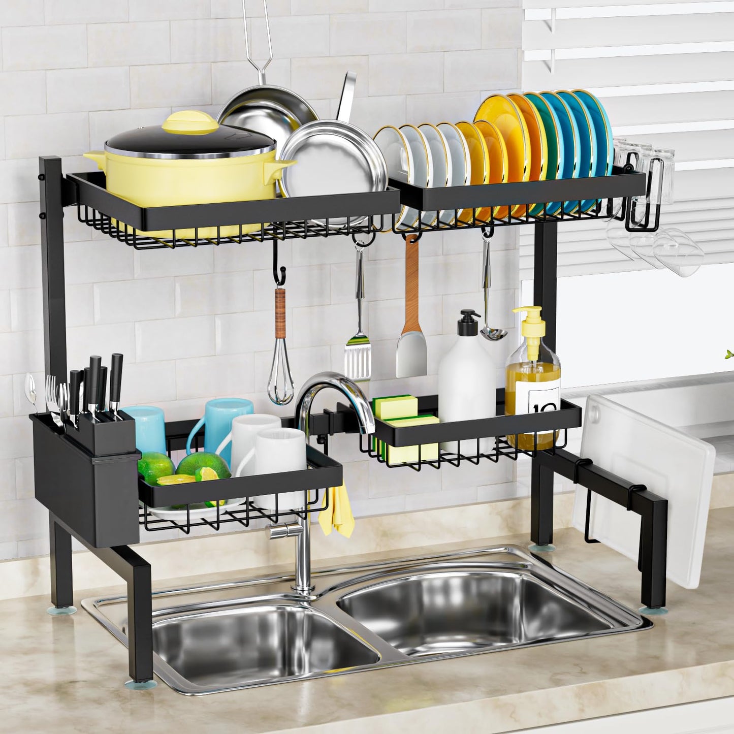 2-Tier 4 Baskets］Over The Sink Dish Drying Rack, 24.8"-35.4", Large Sink Rack for Kitchen, Extensible and Adjustable, Saving Kitchen Space
