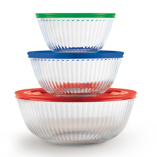 Sculpted (3-Pack) Glass Mixing Bowls Set With Lids For Prepping, Baking and Cooking, Preheated Oven, Dishwasher, Freezer, and Microwave Safe