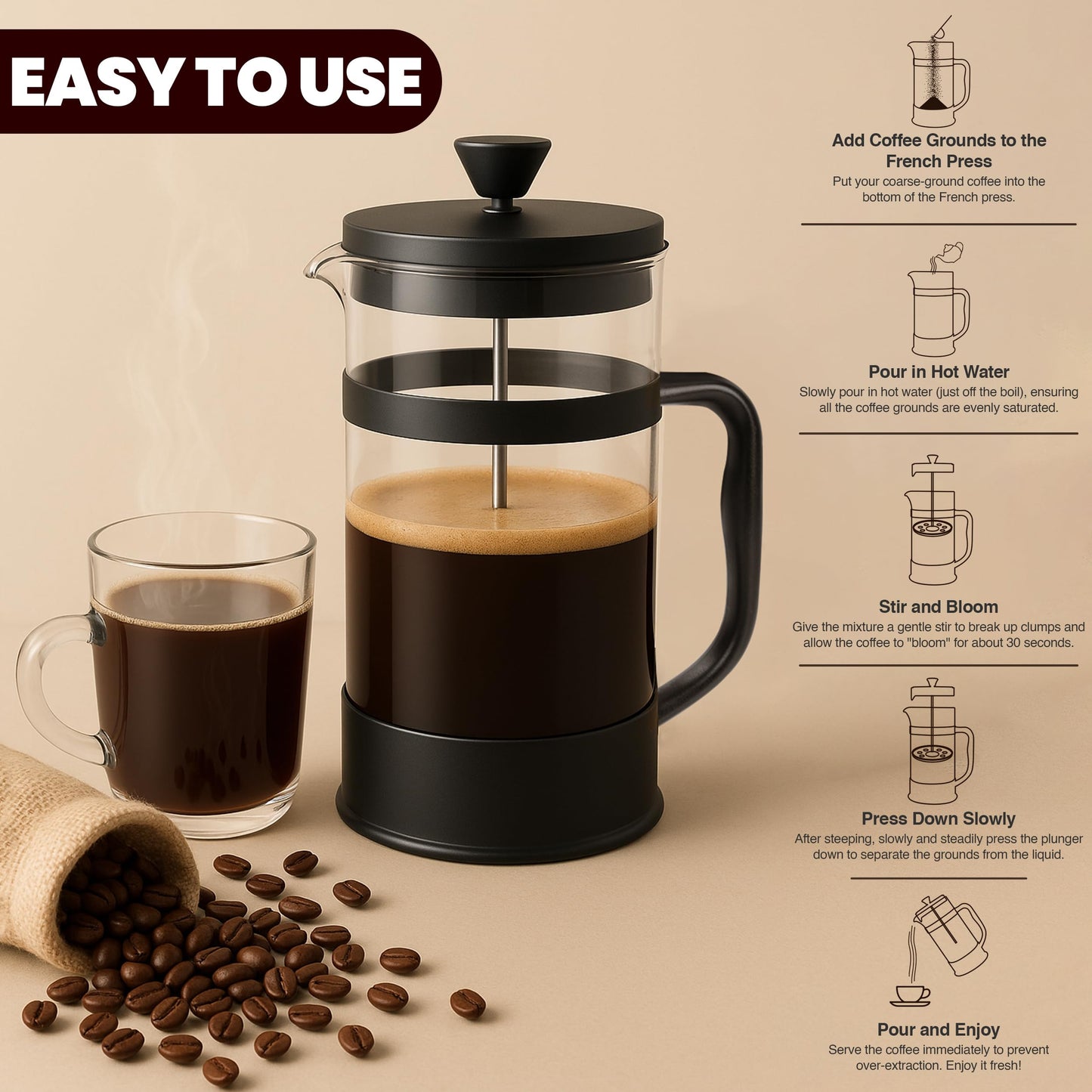 34 Ounce 1 Liter French Press Coffee Maker, Tea Maker, Travel Coffee Presses, Heat Resistant Thickened Borosilicate Coffee Pot for Camping Travel Gifts