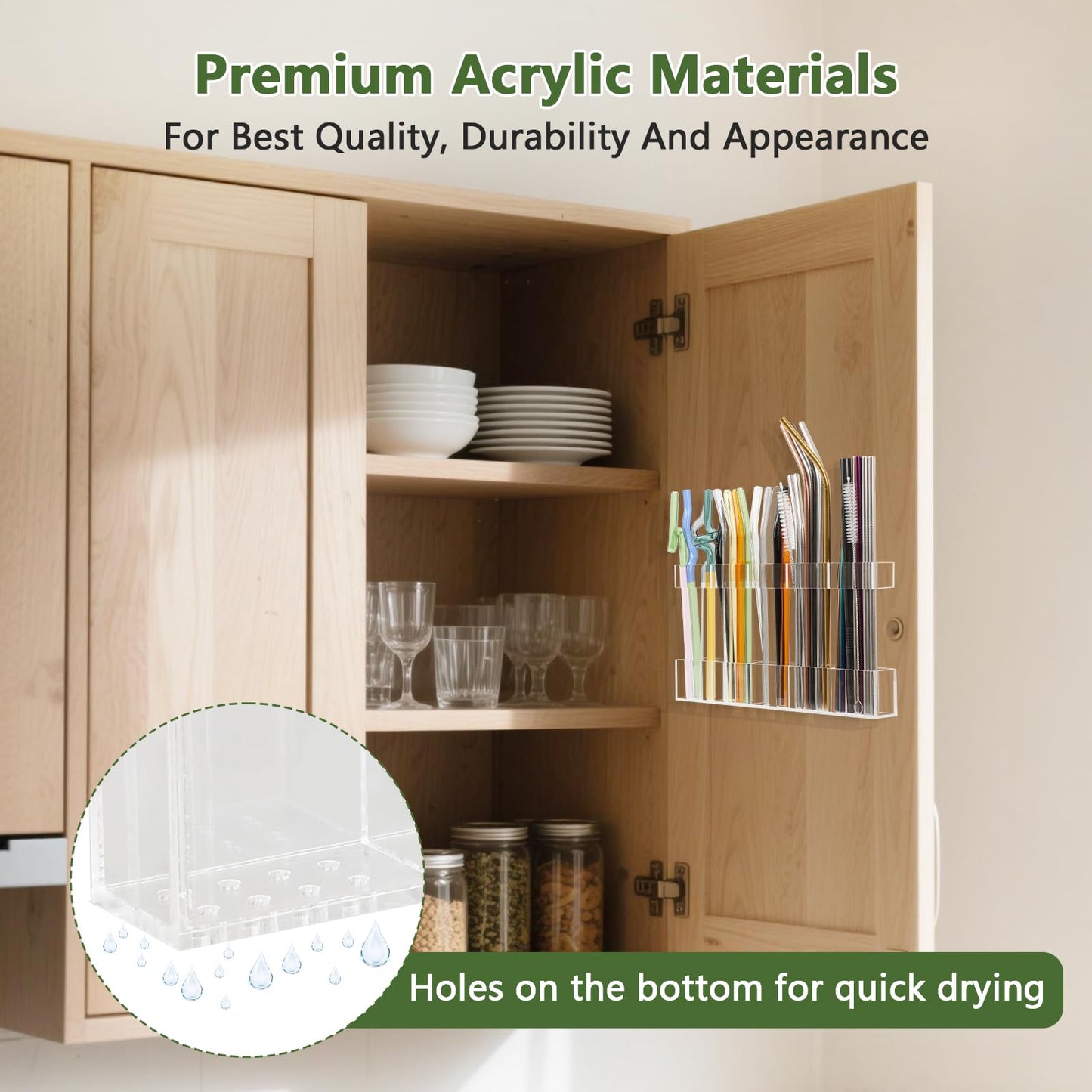 9.5” Large Acrylic Straw Holder for Cabinet Door - Reusable Tumbler Straw Organizer Storage, Small Kitchen Accessories Container, Ultra Sticky Cupboard Door Mounted