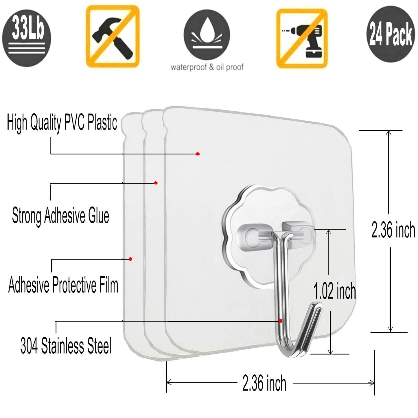 24 Pack Heavy Duty Self Adhesive Hooks - 33lb Max, Transparent, Waterproof, Sticky Wall Hooks for Keys, Bathroom, Shower, Outdoor, Kitchen, Door, Home Improvement, Utility
