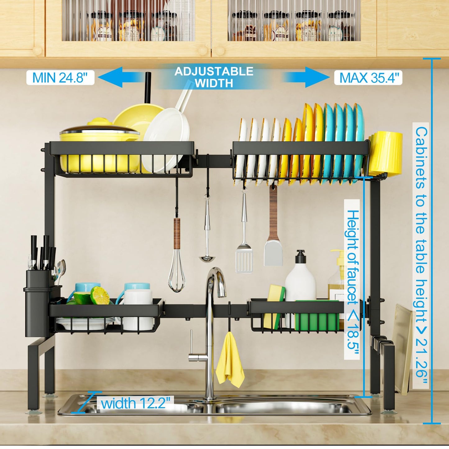 2-Tier 4 Baskets］Over The Sink Dish Drying Rack, 24.8"-35.4", Large Sink Rack for Kitchen, Extensible and Adjustable, Saving Kitchen Space