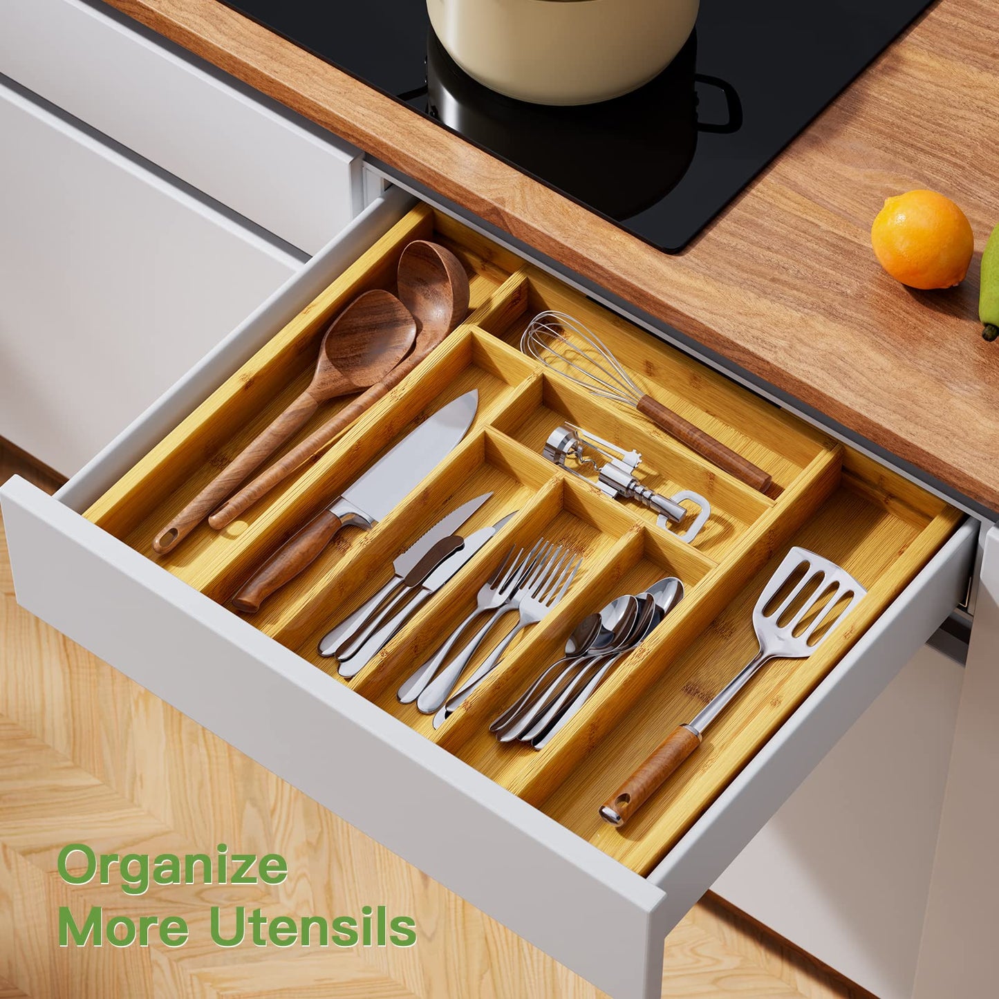 Bamboo Silverware Organizer, Expandable Cutlery Tray, Utensil Drawer Organizer in Kitchen for Spoons Forks Knives, Multipurpose Use, Natural, Large