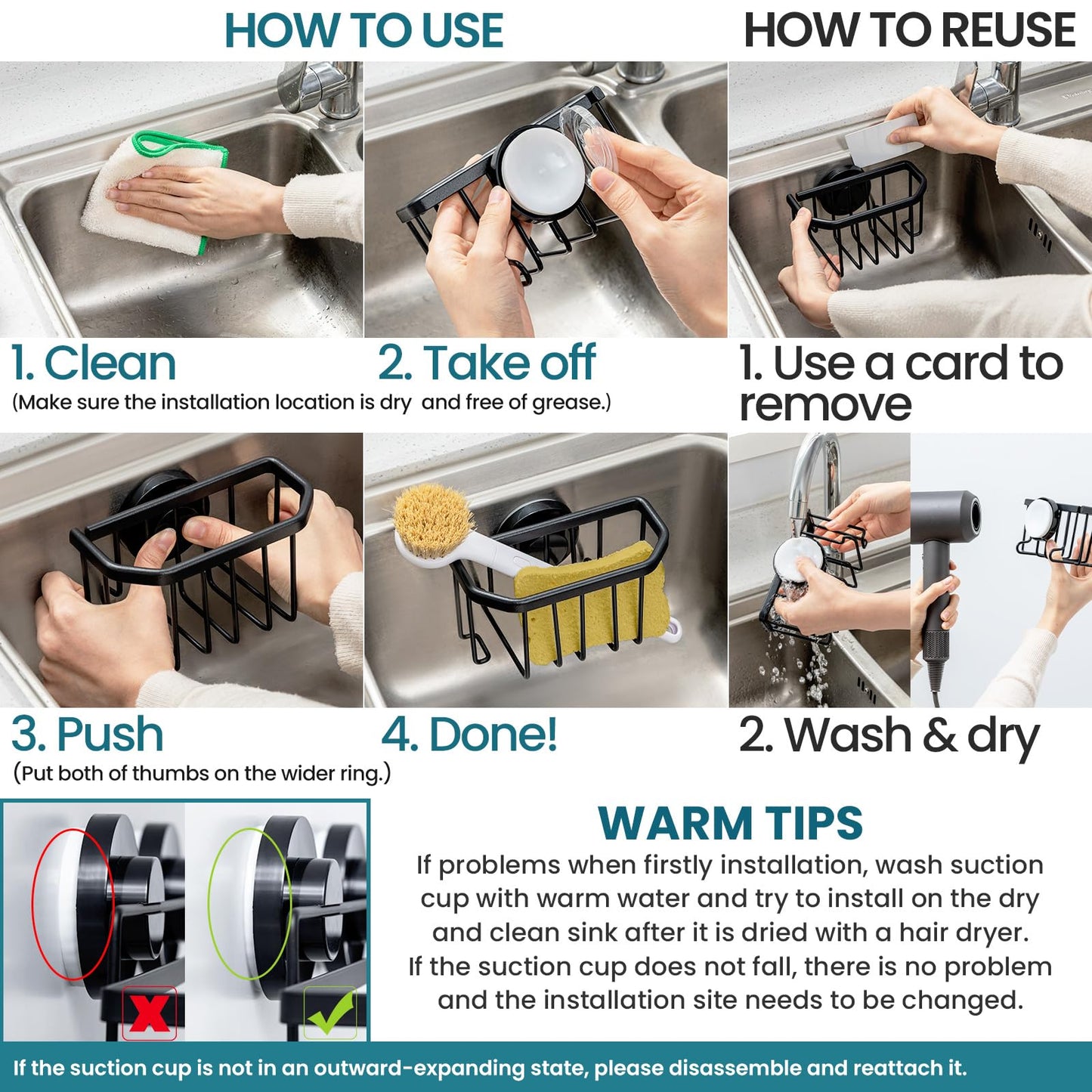 Sponge Holder with Strong Suction Cup, Dish Sponge Caddy Inside Sink Removable, Rustproof Aluminum for Sponges, Brushes, Stoppers and Scrapers