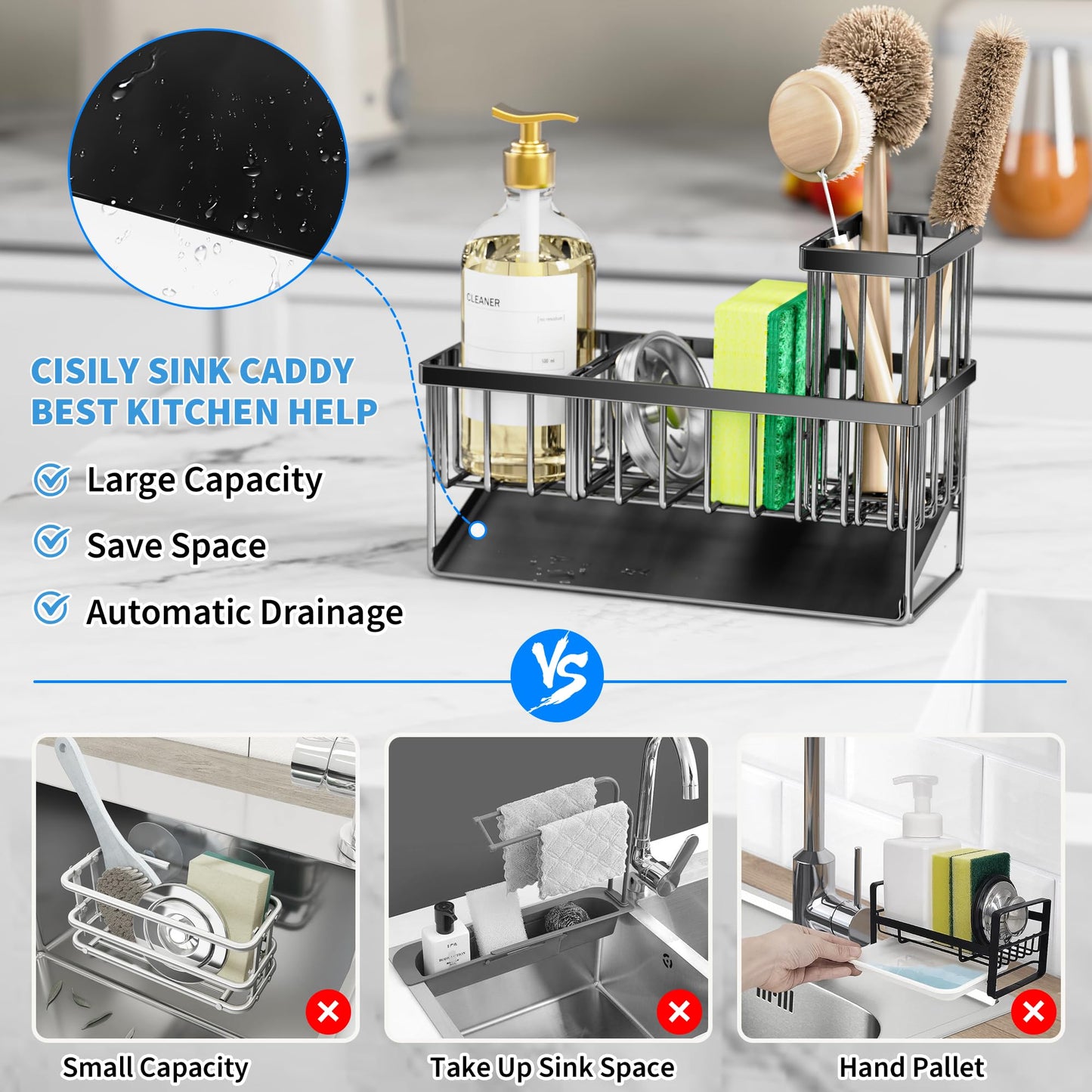 Kitchen Sink Caddy Organzier with High Brush Holder, Sponge Holder for Sink, 304 Rustproof Stainless, Kitchen Countertop Soap Dispenser Organizer, Kitchen Decor and Accessories