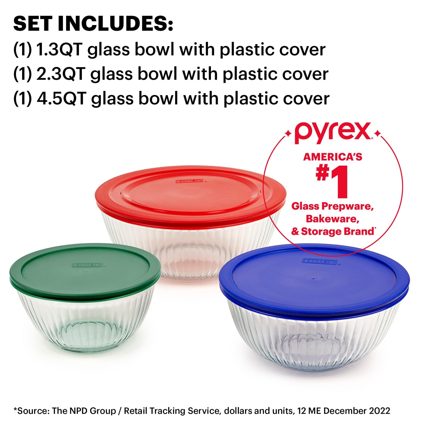 Sculpted (3-Pack) Glass Mixing Bowls Set With Lids For Prepping, Baking and Cooking, Preheated Oven, Dishwasher, Freezer, and Microwave Safe