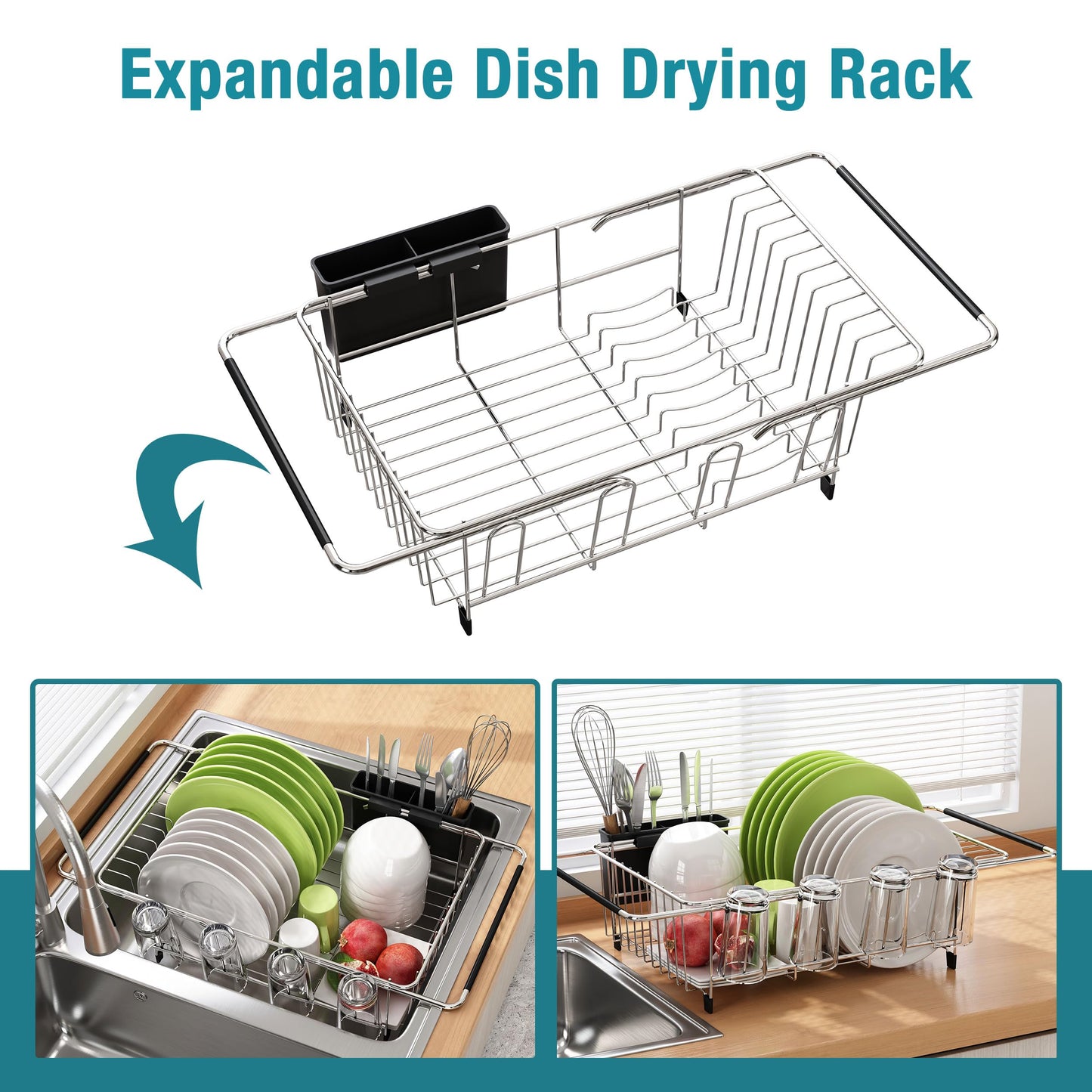 Dish Drying Rack in Sink, Expandable Stainless Steel Dish Drainers for Kitchen Counter, Dish Dryer Rack for Inside Sink, Over The Sink Dish Racks with Utensil Holder